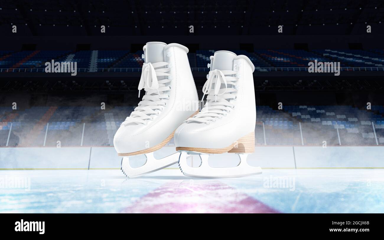 Superficie de hielo en blanco con maqueta de fondo de descalce, vista  frontal, renderizado 3D. Calzado de piel vacío en el estadio para el  simulacro de torneo de temporada. Borrar s Fotografía