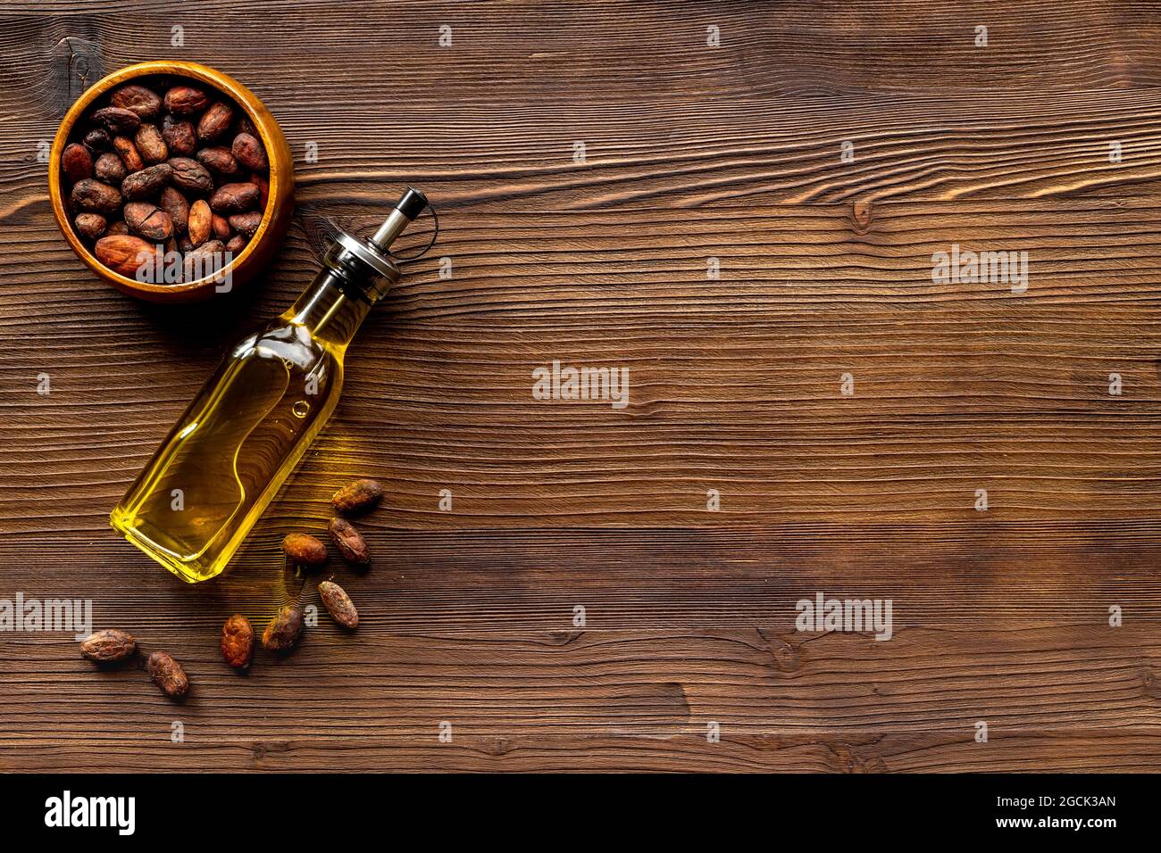 Aceite esencial de cacao con granos de cacao. Ingrediente de productos
