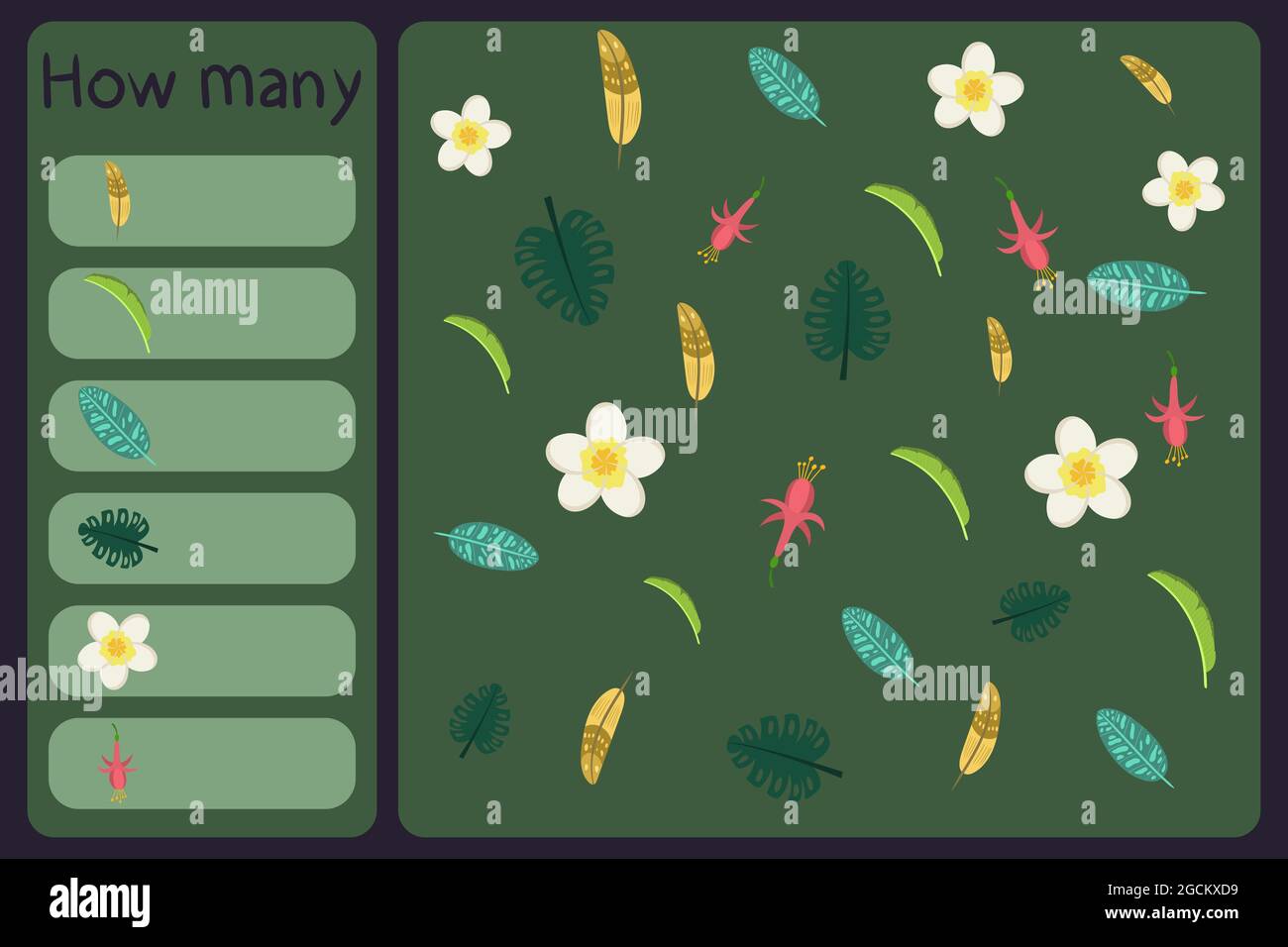 Mini juego matemático para niños - cuenta cuántas flores tropicales -  monstera, fucsia, pluma, hoja de plátano. Juegos educativos para niños.  Plantilla de diseño de dibujos animados Imagen Vector de stock - Alamy