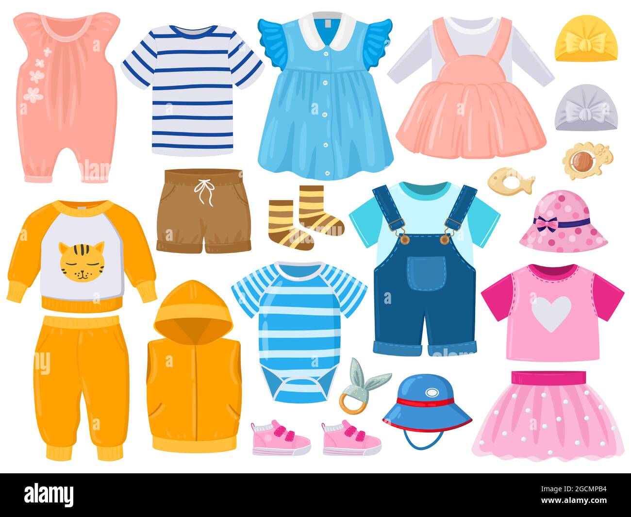 Dibujos animados niños niña y niño ropa, sombreros, zapatos. Ropa de moda  para niños, pelele, shorts, vestido y zapatos vector ilustración conjunto.  Dibujos animados del bebé Imagen Vector de stock - Alamy