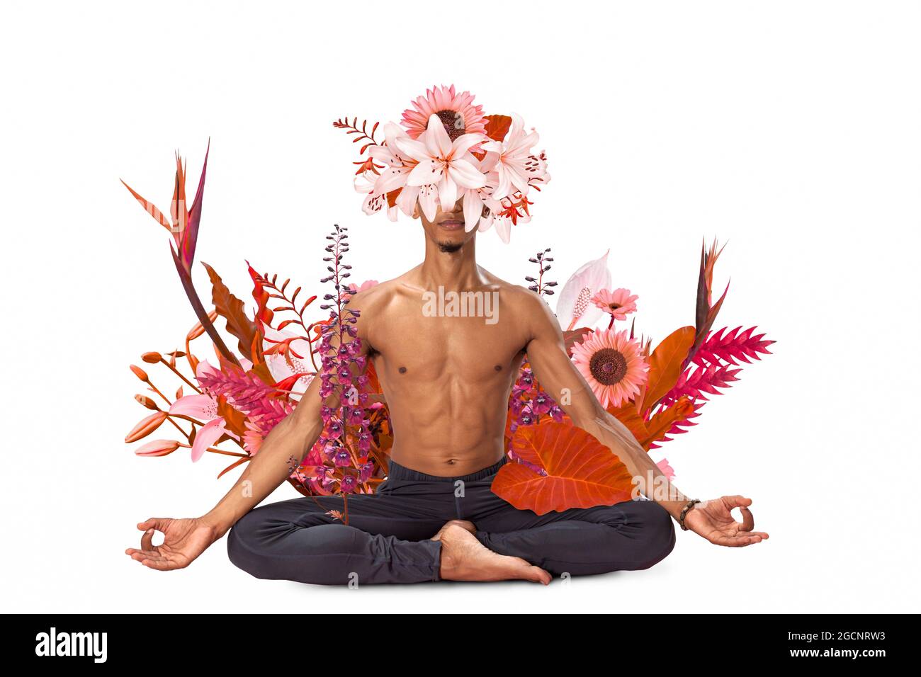 Diseño artístico abstracto de hombre joven haciendo yoga con flores alrededor del cuerpo aisladas sobre fondo blanco Foto de stock