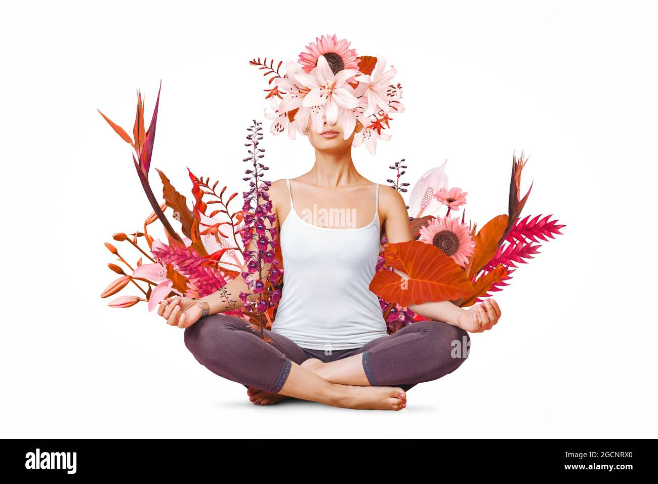 Diseño artístico abstracto de mujer joven haciendo yoga con flores alrededor del cuerpo aisladas sobre fondo blanco Foto de stock