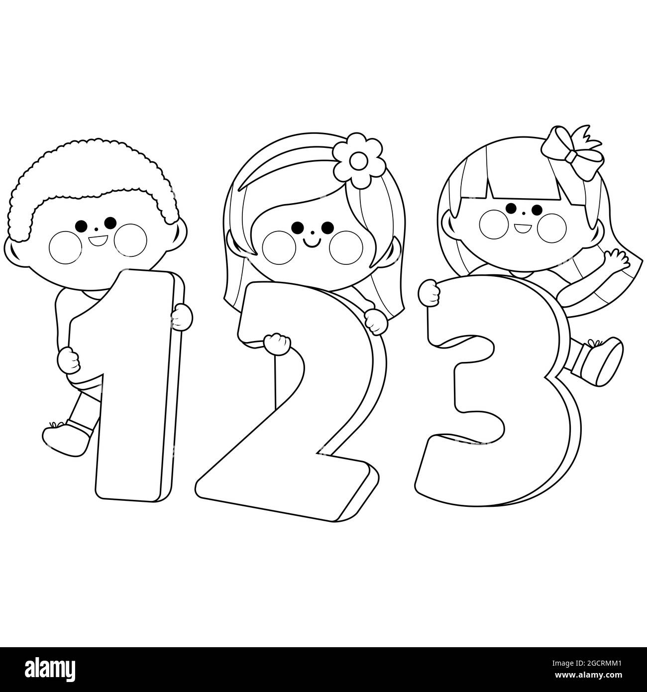 Niños y niñas que tienen números 123. Página para colorear en blanco y negro. Foto de stock