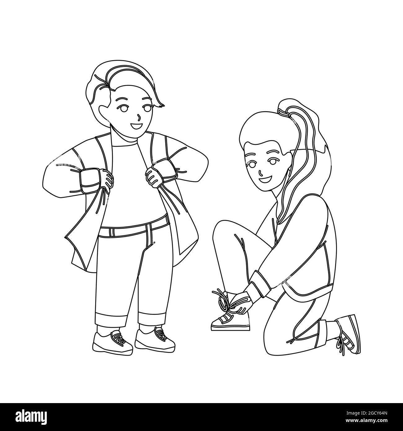 Niños Dressing Up Casual para Caminar en el Parque Negro Línea lápiz de  dibujo Vector. Camiseta y cordones de zapatillas de vestir para chicas  preadolescentes que se preparan para WA Imagen Vector