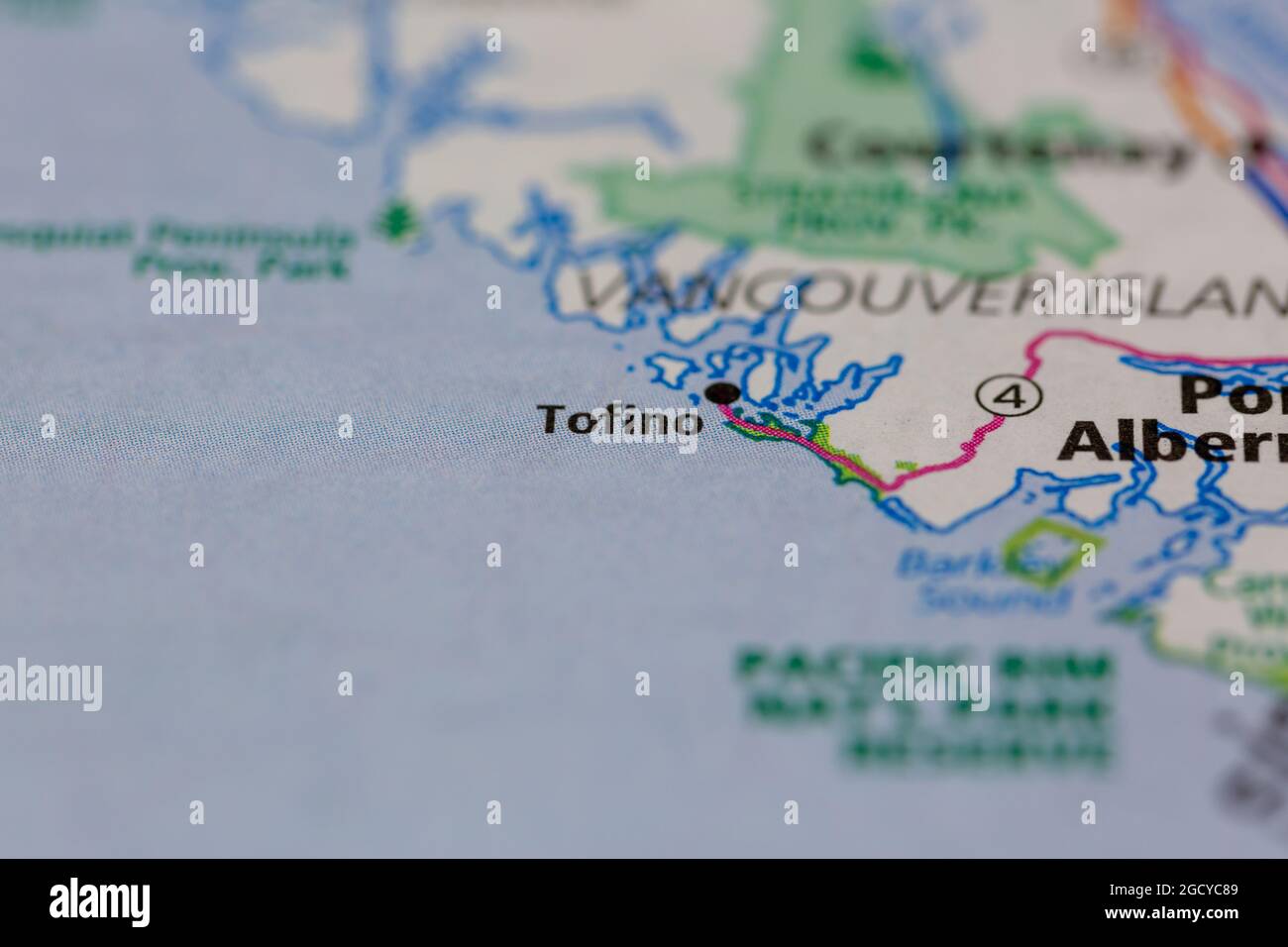 Tofino Vancouver Island Canada se muestra en un mapa de carreteras o en un mapa geográfico Foto de stock