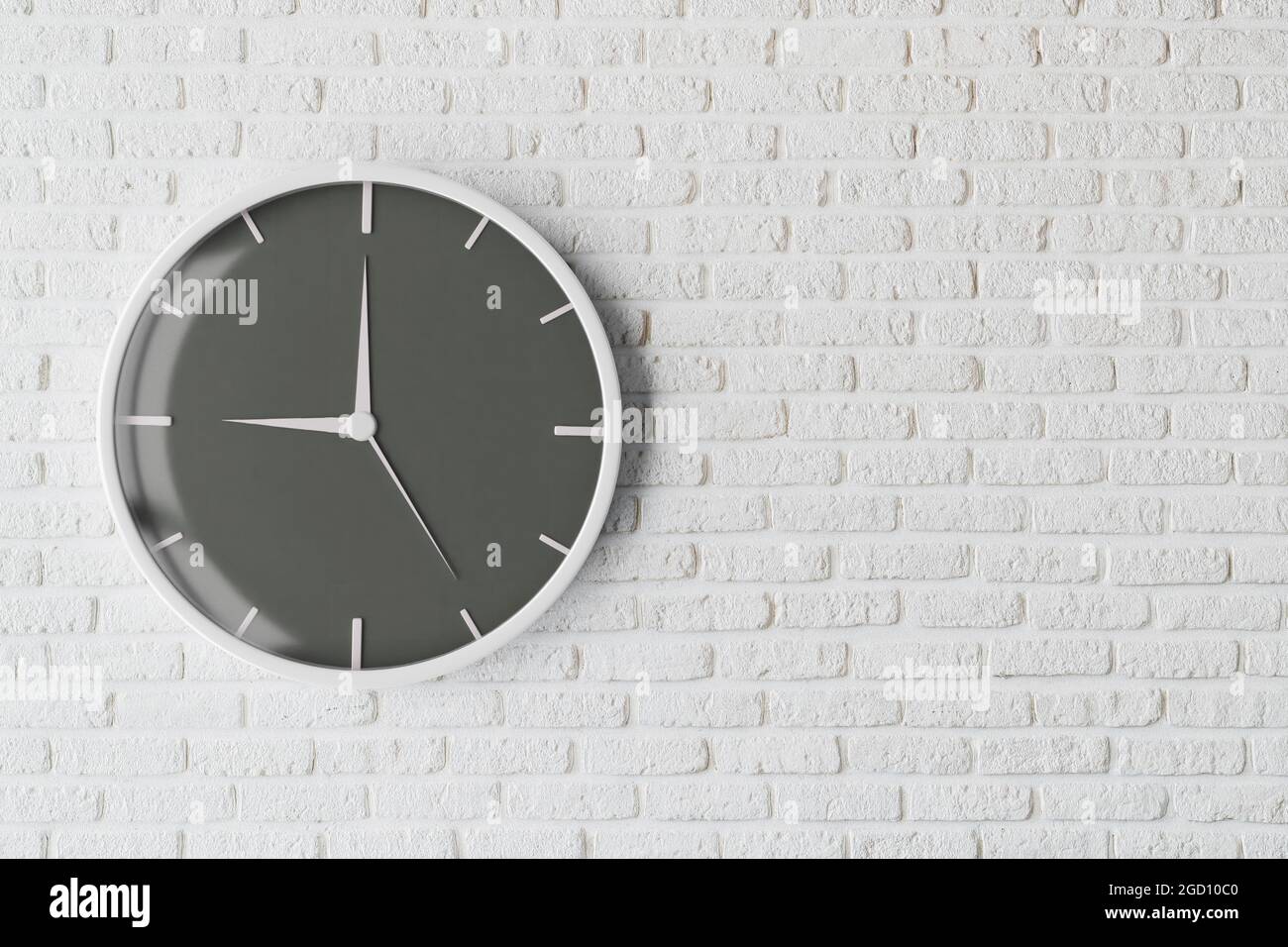 Reloj aislado sobre fondo de pared de ladrillo pintado de blanco rústico. Concepto de medición del tiempo. Ilustración 3D de alta calidad Foto de stock