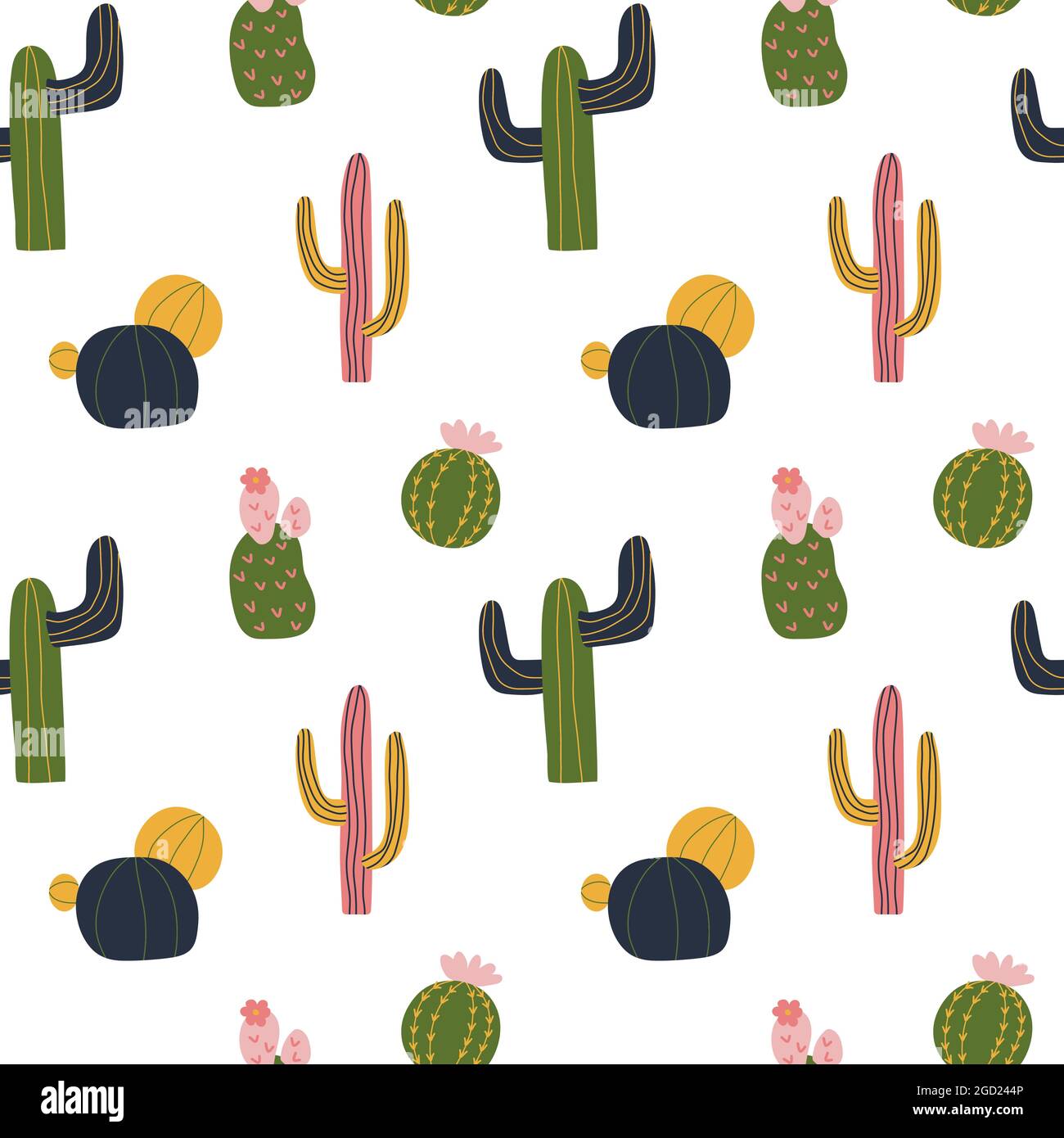 Diseño sin costuras de cactus en un bonito estilo de dibujos animados,  amarillo, verde, rosa y azul marino. Repetir fondo, textura de fondo de  pantalla. Estampado decorativo para el tejido. Diseño de