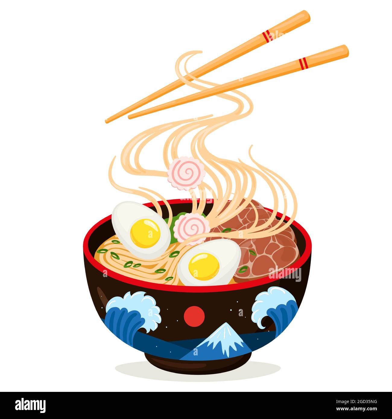 Cartoon Cocina asiática Delicioso plato de fideos ramen. Plato tradicional  japonés, deliciosa sopa con pescado, huevo, algas e ilustración de vectores  de carne Imagen Vector de stock - Alamy