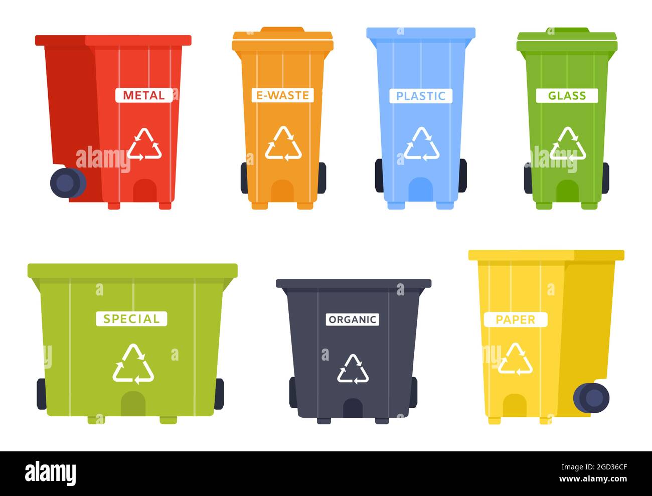 Conjunto de vectores de contenedor de basura con icono de reciclaje. Papelera para metal, residuos electrónicos, plástico y vidrio, papel especial y Vector de stock - Alamy