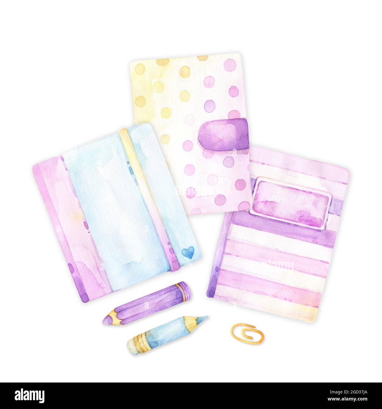 Clipart acuarela pintada a mano que incluye un juego de artículos femeninos  de papelería de planificador azul, rosa, púrpura y amarillo, diario y  cuaderno, lápices Fotografía de stock - Alamy