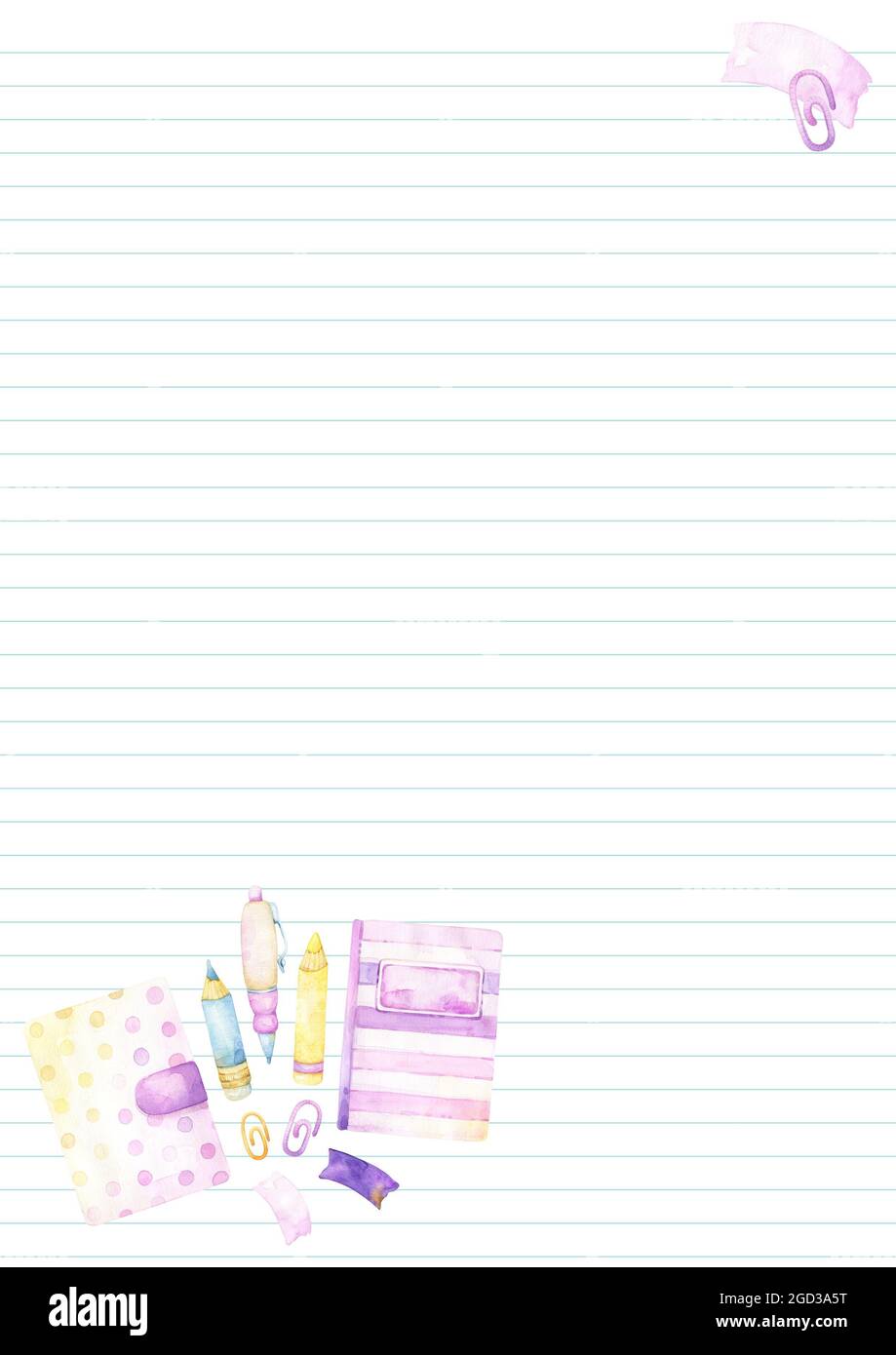 Planner o diario hoja de papel blanco con dibujos animados coloridos  artículos de papelería acuarela o volver a la escuela clipart incluyendo  bloc de notas, planificador, pluma Fotografía de stock - Alamy