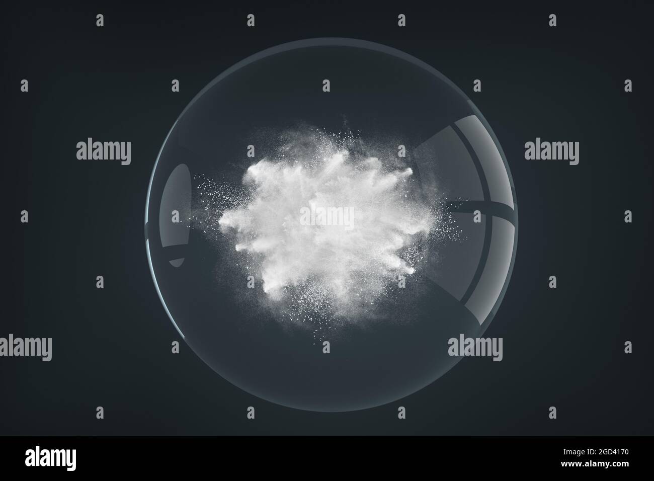 Diseño abstracto de partículas de polvo o humo que nublan la explosión sobre fondo oscuro dentro de la esfera de cristal transparente Foto de stock