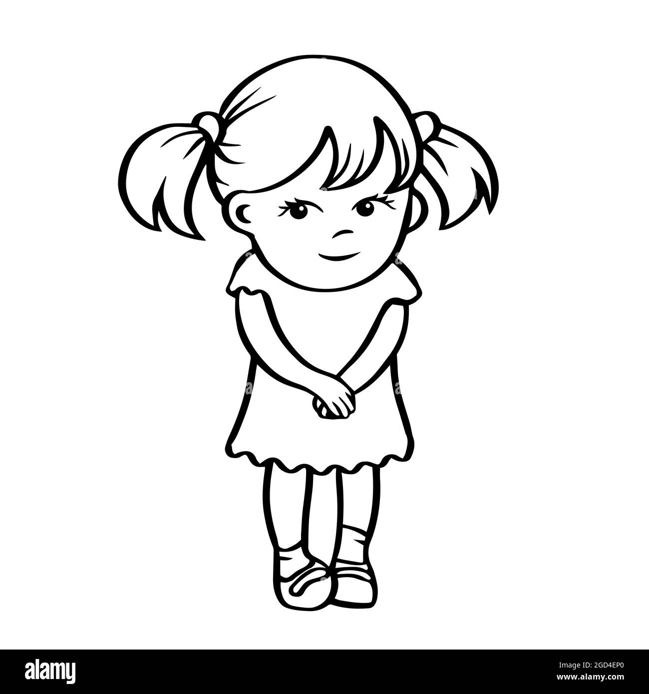 Una linda niña está de pie en un vestido. Una sonrisa en mi cara. Dibujo de caricatura en blanco