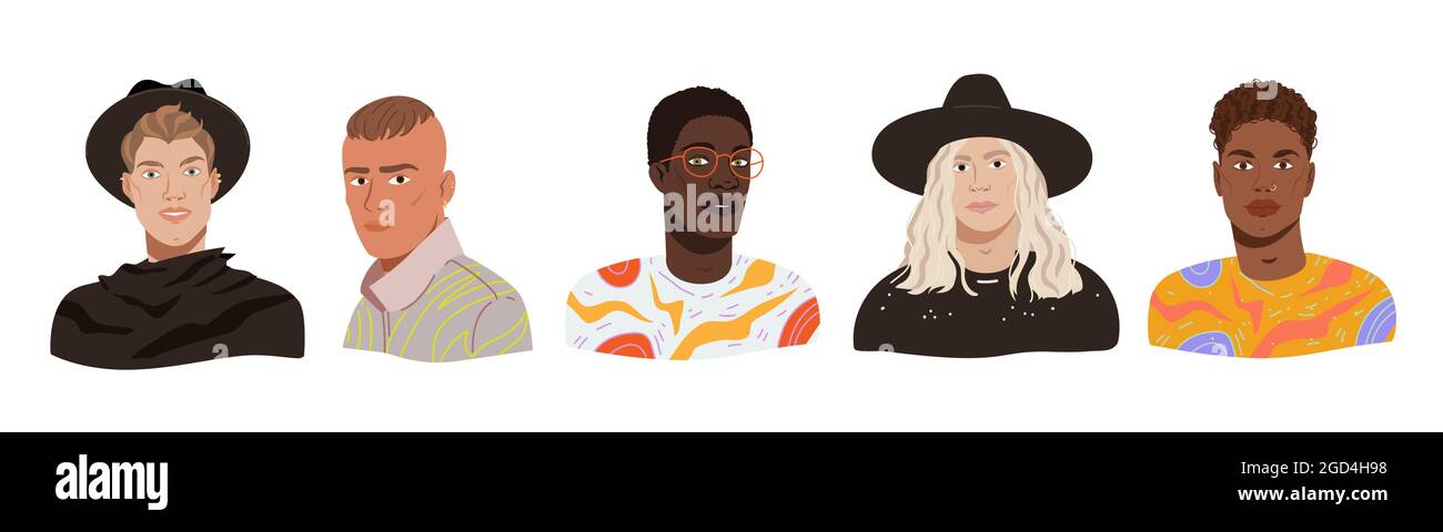 Conjunto de avatares de retratos de hombres de moda. Jóvenes modelos  diversos en modernos trajes. Grupo de personas multiculturales con  diferente peinado, apariencia Imagen Vector de stock - Alamy
