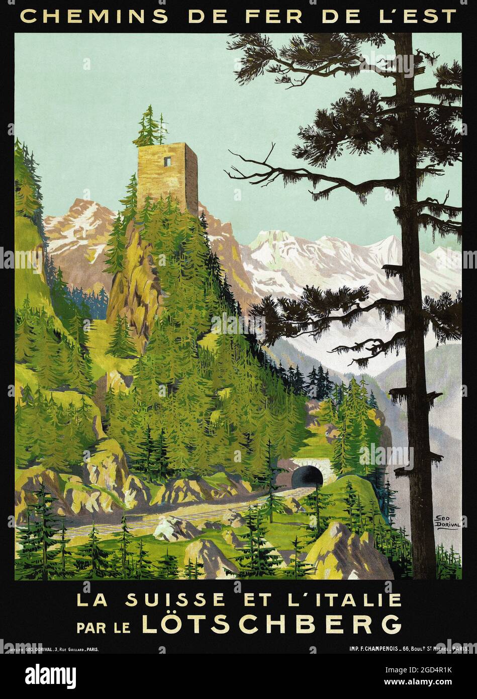 Chemins de Fer de l'Est. La Suisse et l'Italie par le Lötschberg de Geo Dorival (1879-1968). Póster vintage restaurado publicado en 1910 en Suiza. Foto de stock