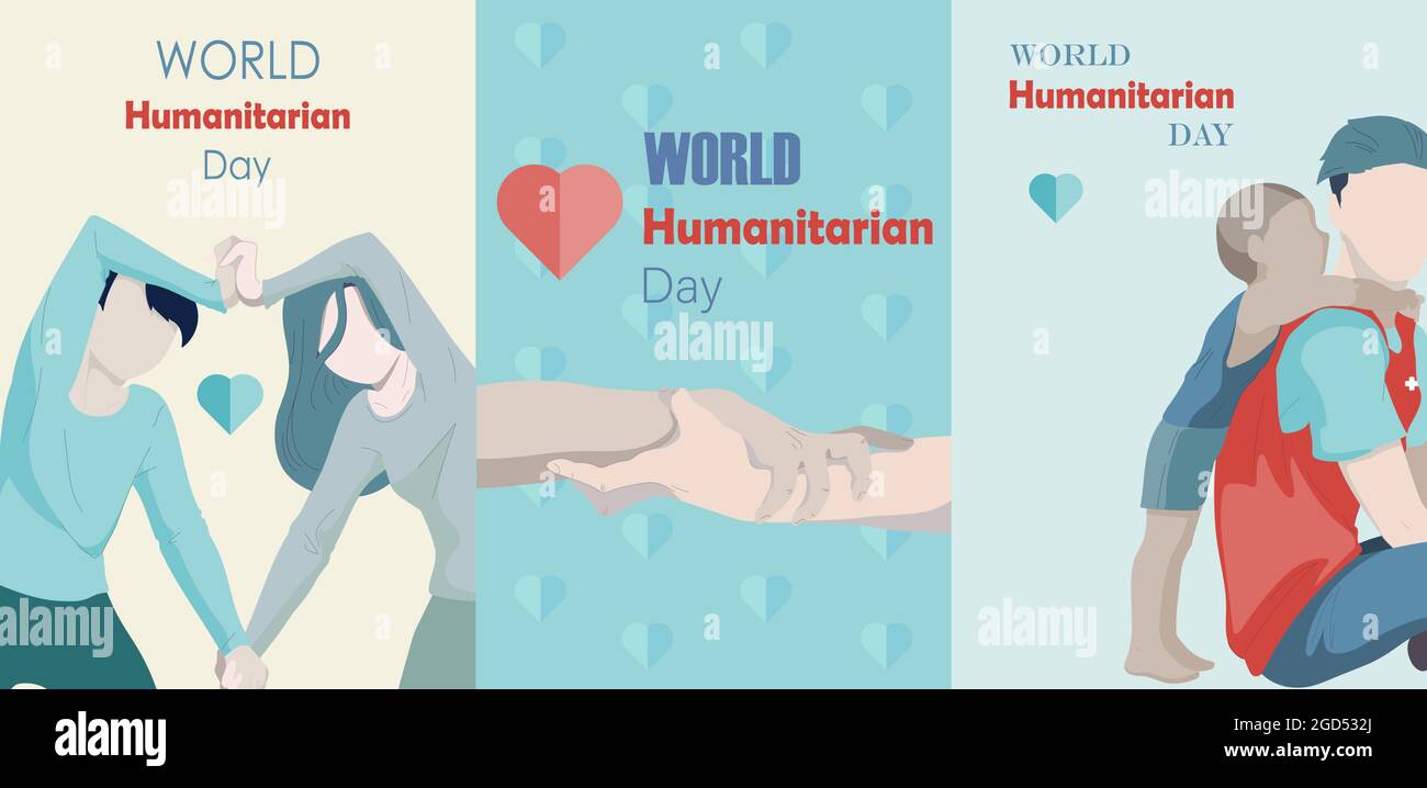 Día Mundial de la Ayuda Humanitaria. Conjunto de ilustraciones vectoriales de un hombre y una mujer mostrando un corazón, apretón de manos para la amistad, trabajar juntos, ayudar a un voluntario Ilustración del Vector