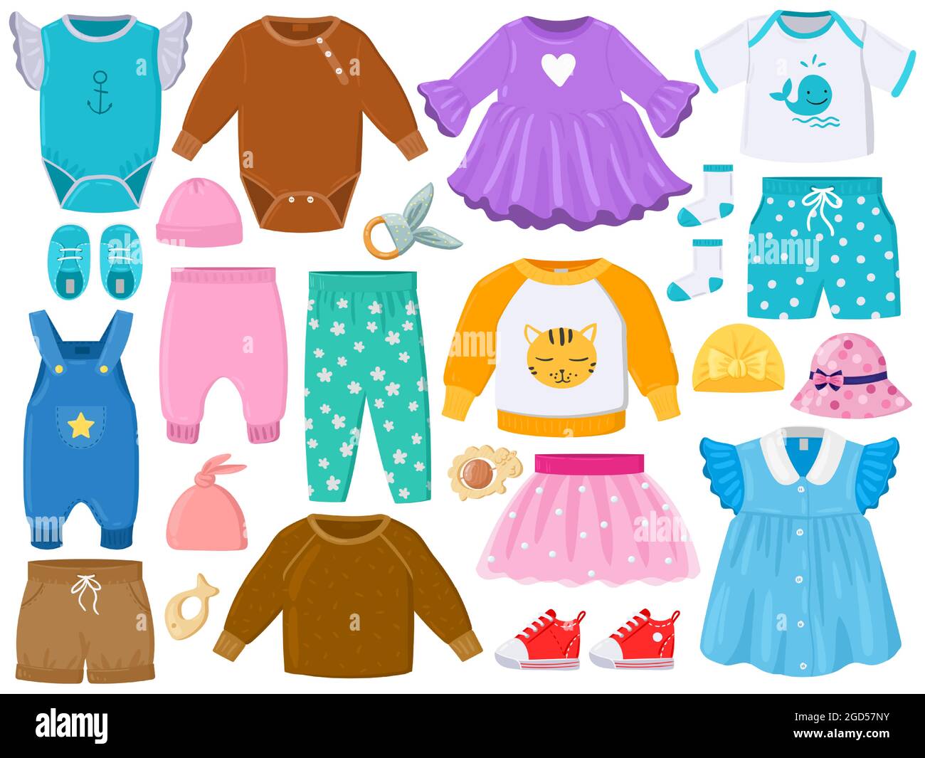 Dibujos animados niños ropa de moda, zapatos, sombreros. Ropa de bebé  elementos, pantalones, vestido, pelele, panama vector ilustración conjunto.  Niñas pequeñas y Imagen Vector de stock - Alamy