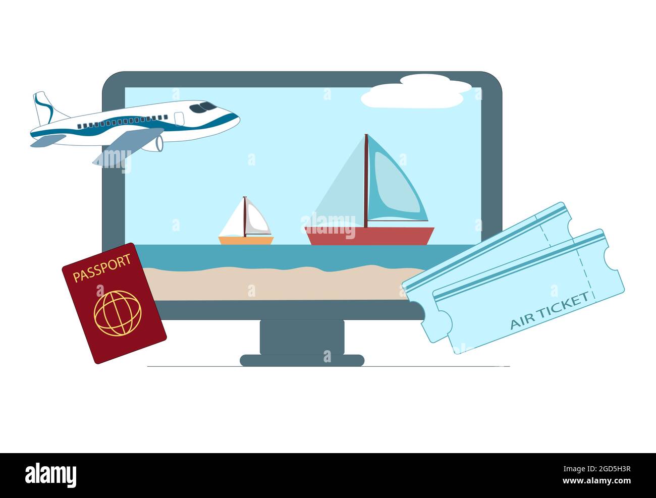 Ilustración vectorial. Concepto para reservar billetes de avión en línea, planificación de un viaje turístico Ilustración del Vector