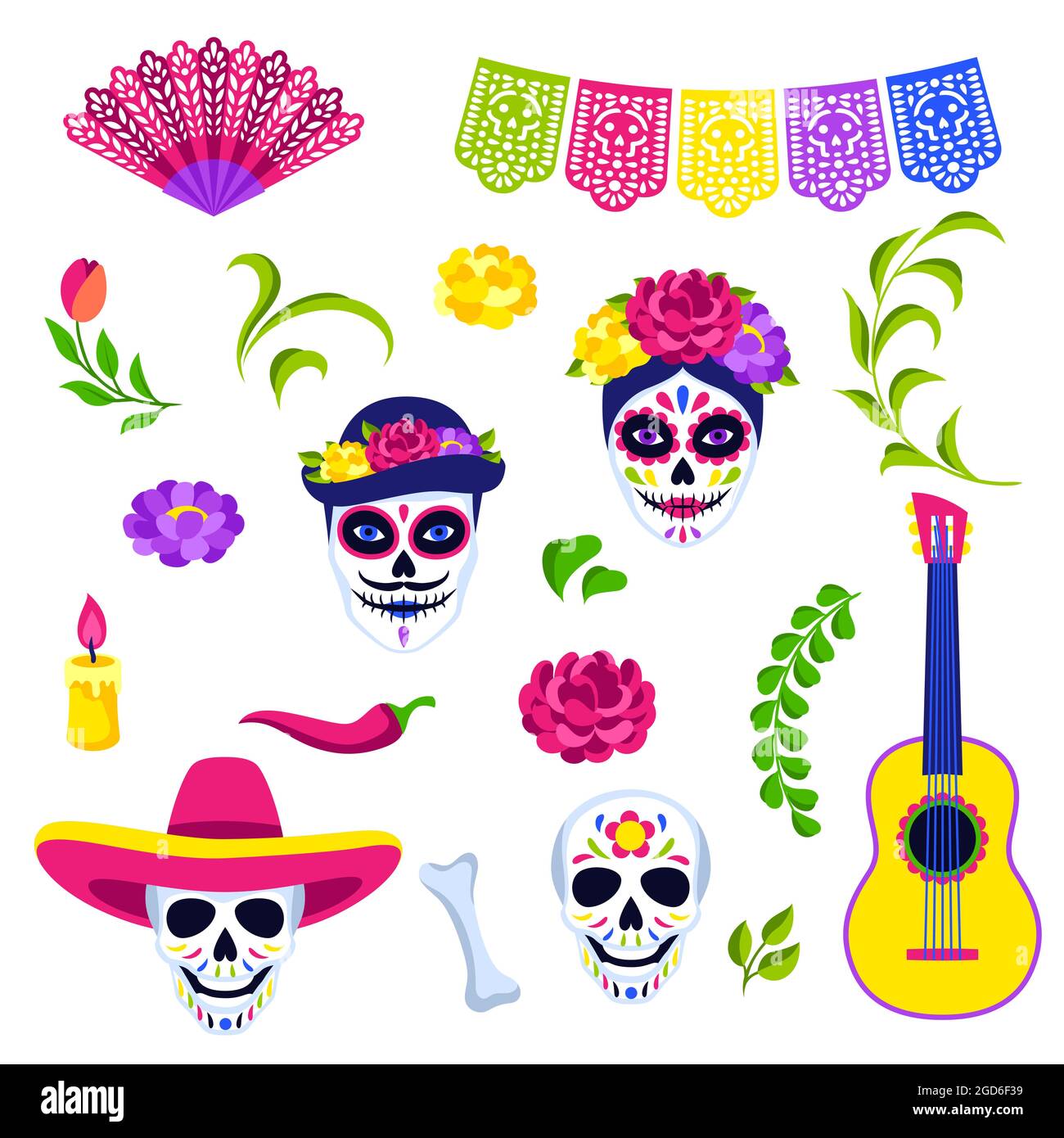 Colección de símbolos Day of the Dead. Dia de los muertos. Celebración mexicana Imagen Vector de
