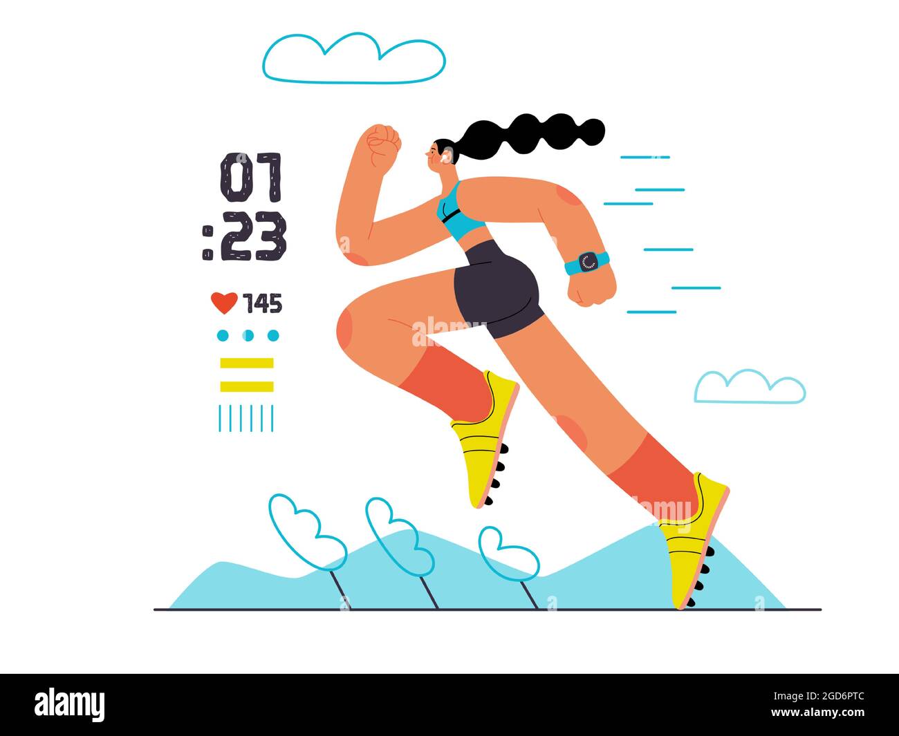 Corredor, carrera de sprint, atletismo y atleta de campo. Ilustración del  concepto de vector plano de una mujer joven que lleva botas, corriendo en  el sadium. Actividad saludable Imagen Vector de stock -