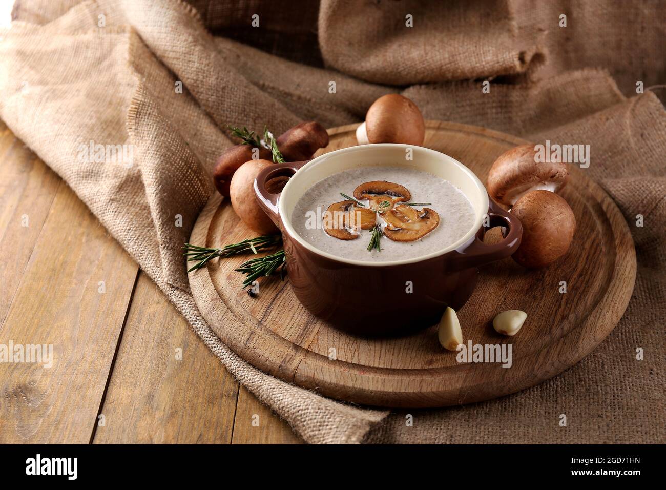 Composición con sopa de champiñones en maceta, setas frescas y secas, sobre  mesa de madera, sobre fondo de tela de grillete Fotografía de stock - Alamy