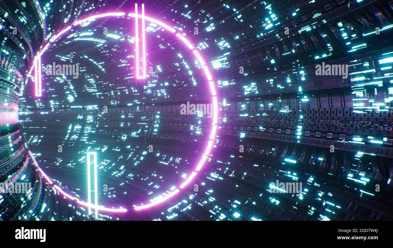 Futurista Neon Light Sci fi Tunnel 3D Render Foto de stock