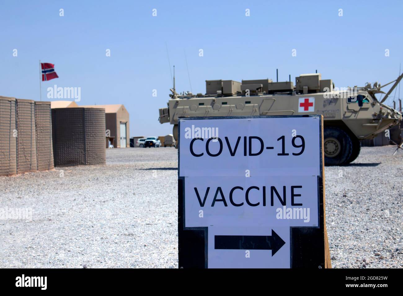 Los médicos de la Fuerza de Tarea Viking administran las vacunas COVID-19 al personal estacionado en la Base Aérea de Al Asad, Irak, el 2 de junio de 2021. Con la ayuda de los médicos del ejército noruego, en una semana se administraron aproximadamente 750 vacunas a los miembros del servicio de los Estados Unidos, las fuerzas de la coalición y los contratistas civiles. (EE.UU Fotos de la Guardia Nacional del Ejército por Sgt. 1st Clase Christie R. Smith) Foto de stock