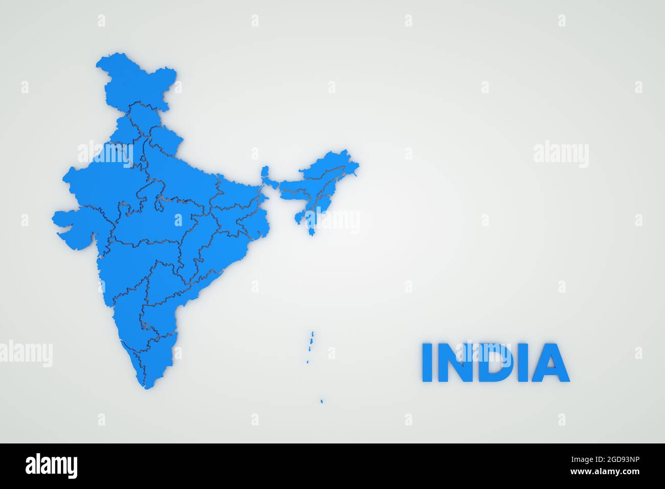 Ilustración de un mapa de la India sobre un fondo blanco aislado.  Cartografía de la India. País, continente. 3D gráficos. Mapa azul sobre  fondo blanco Fotografía de stock - Alamy
