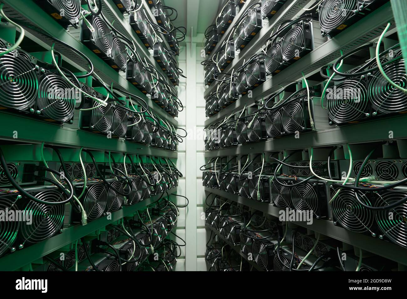 de Bitcoin en gran El equipo minero ASIC en bastidores de soporte criptomoneda en contenedor de acero. Específico de la aplicación de tecnología Blockchain Fotografía de stock -