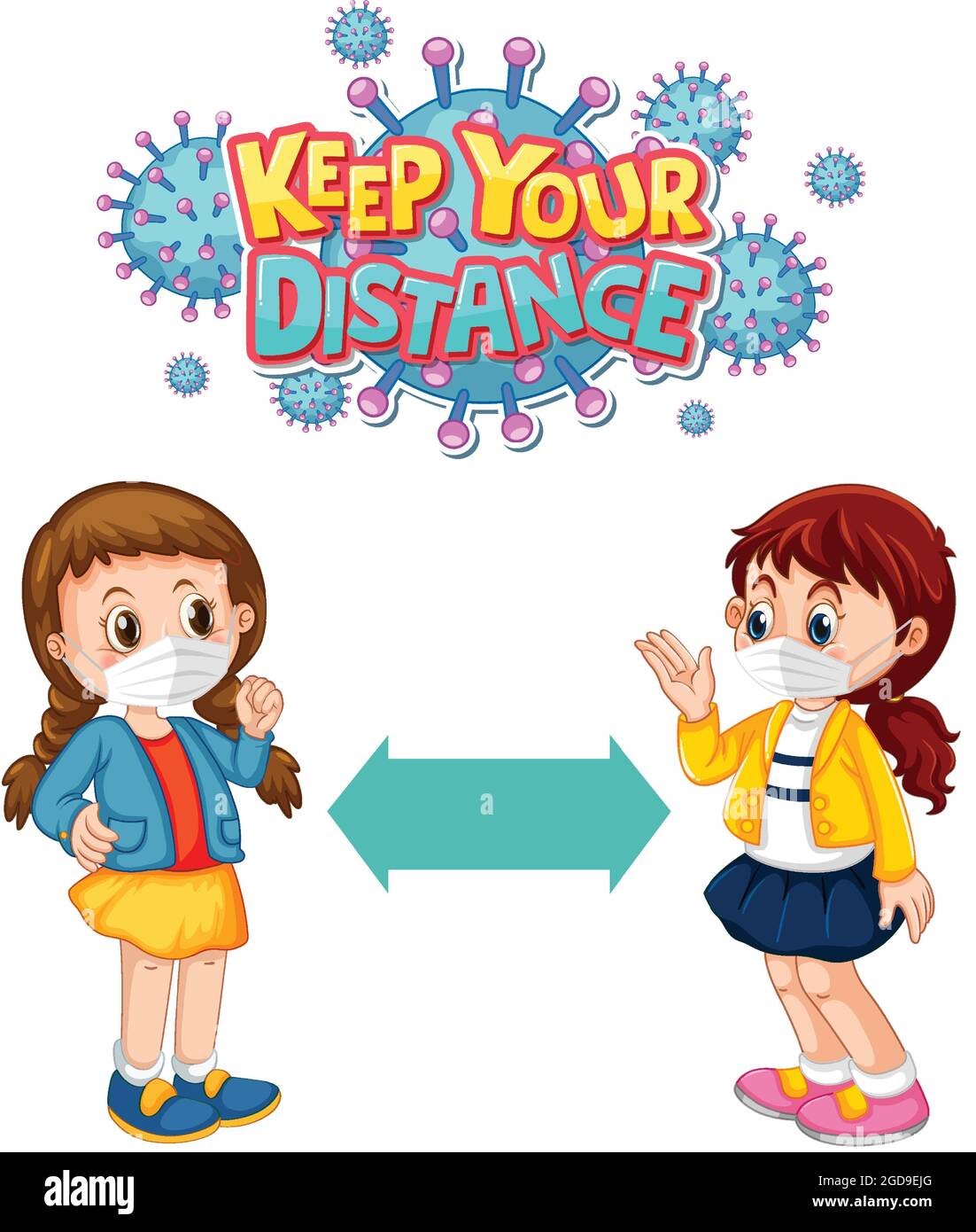 Mantenga su fuente de distancia en estilo de dibujos animados con dos niños  manteniendo la distancia social aislada sobre la ilustración de fondo  blanco Imagen Vector de stock - Alamy