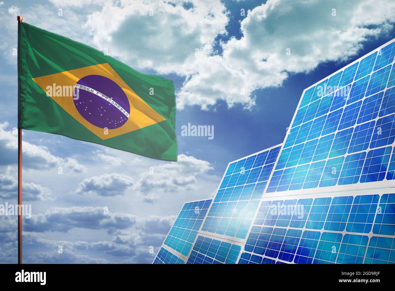 Brasil energía solar, energía alternativa concepto industrial con bandera -  lucha contra el calentamiento global - ilustración industrial, 3D  ilustración Fotografía de stock - Alamy