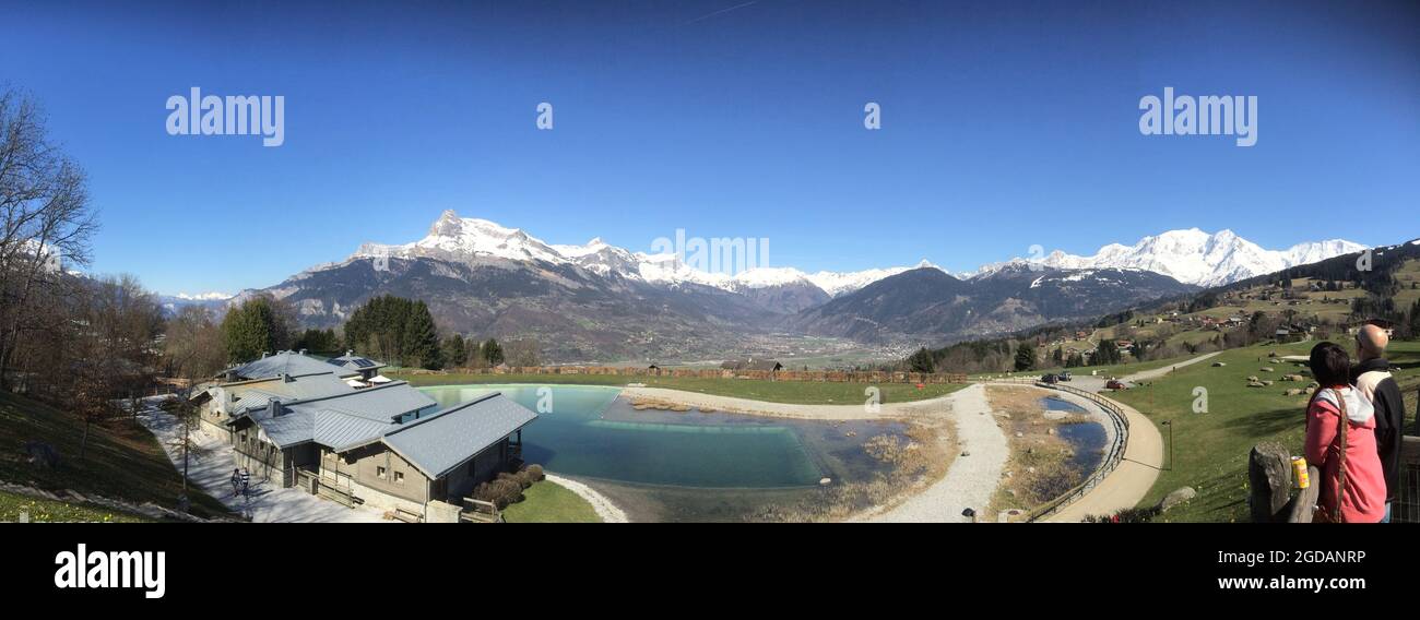 Panoramique : Plan d'eau Biotope Lac de Combloux Haute-Savoie sur fond de ciel bleu face au Mont-Blanc Foto de stock