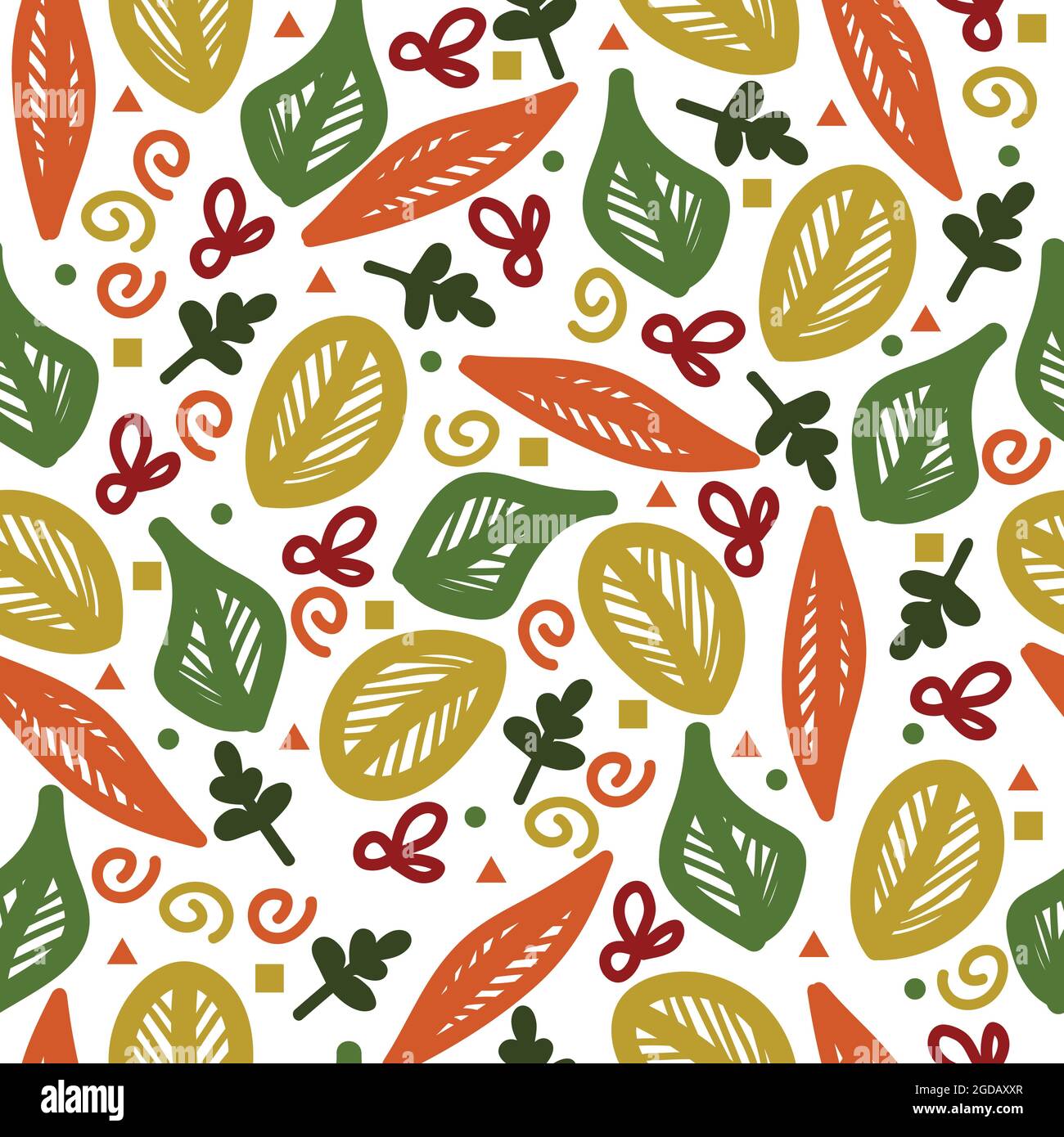 Diseño alegre con hojas abstractas y varias formas decorativas en colores otoñales sobre un fondo transparente Ilustración del Vector
