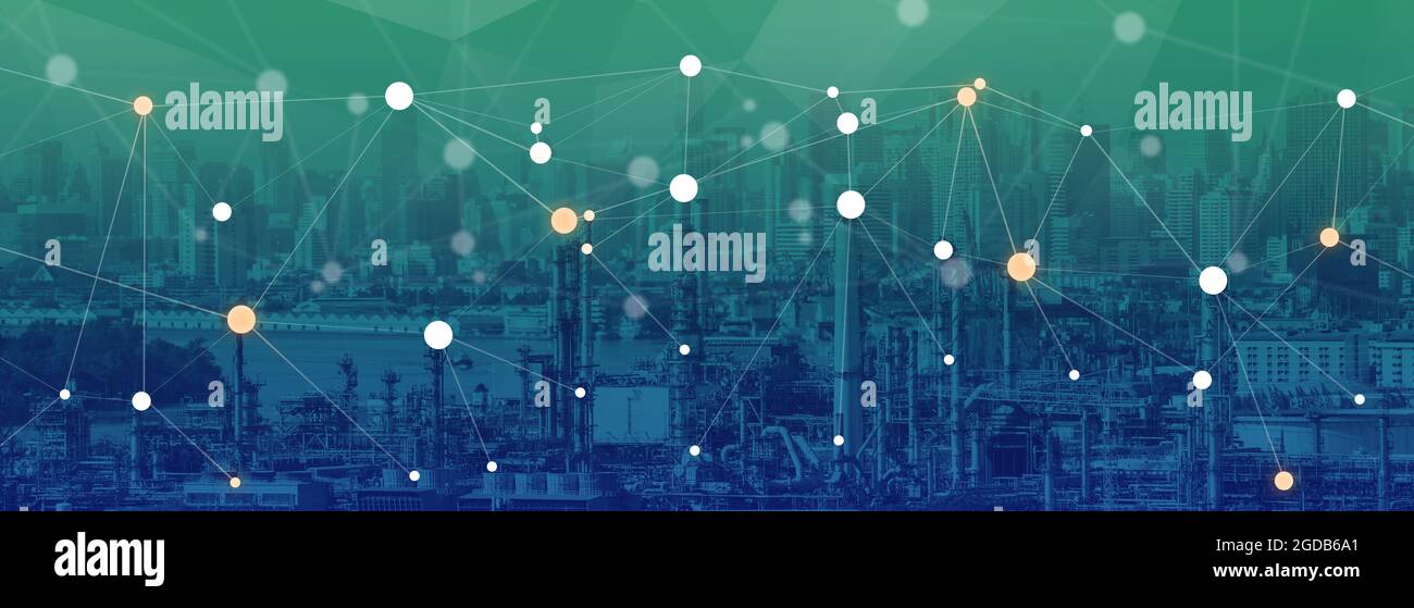 Conexión de la industria de la refinería de petróleo con el concepto de la ciudad de la comunidad de la gente, energía de combustible de energía limpia para el futuro metro moderno corte ancho para el fondo de la bandera. Foto de stock