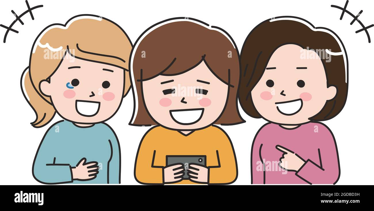 Tres mujeres riendo de la pantalla del teléfono móvil. Ilustración vectorial aislada sobre fondo blanco. Ilustración del Vector