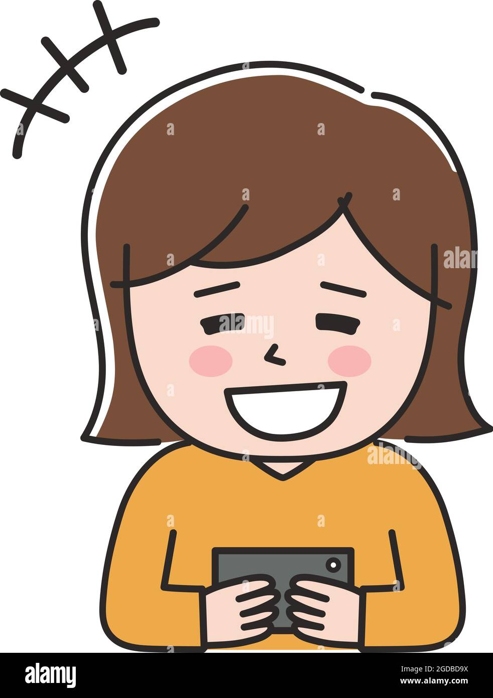 Una mujer riendo mucho usando su smartphone. Ilustración vectorial aislada sobre fondo blanco. Ilustración del Vector
