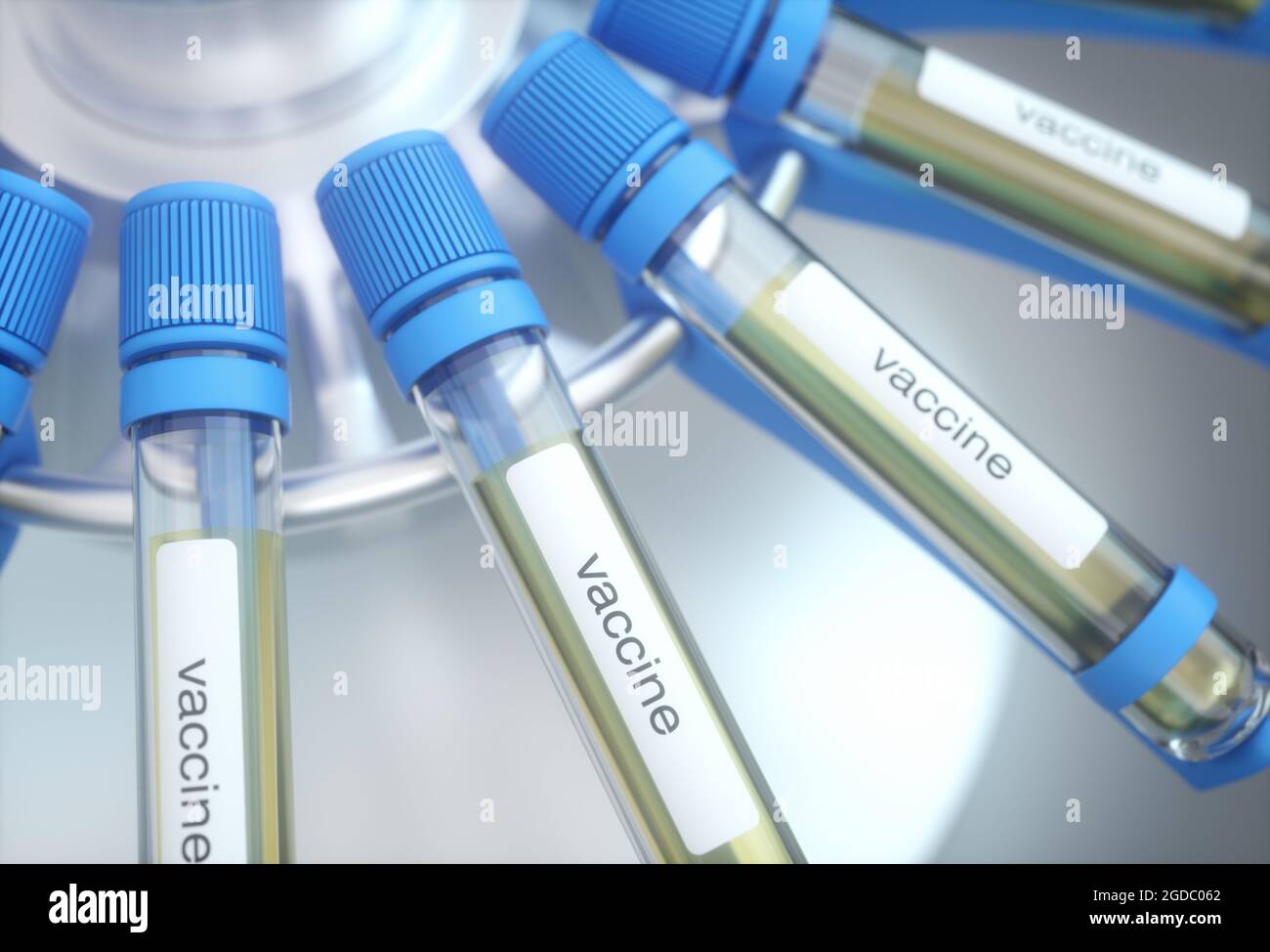 Tubo de ensayo con etiqueta de vacuna. Ilustración de la imagen conceptual 3D. Foto de stock
