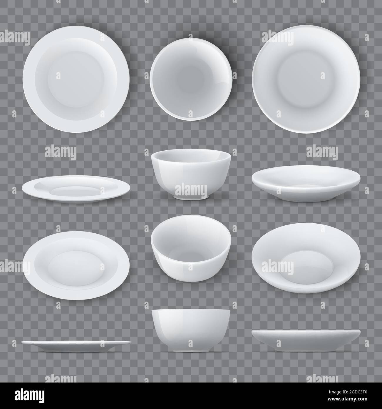 Los platos de la cena se embolsan. Platos de cerámica blanca realistas y  vistas laterales, laterales y de la parte superior del recipiente vacío.  Porcelana vajilla redonda vajilla plato 3D vector conjunto