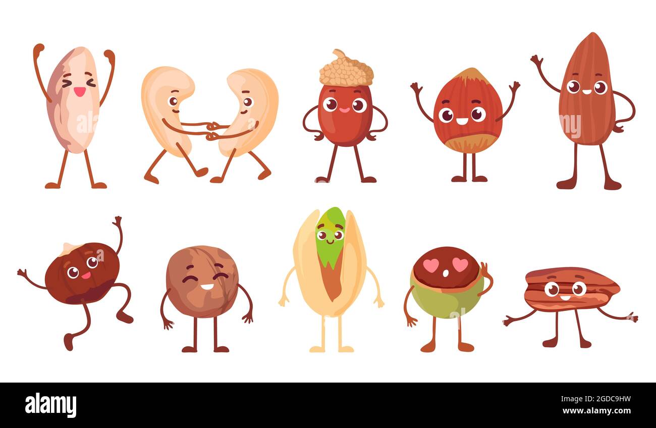 Dibujos animados graciosos de nueces, frijoles y personajes de semillas con  caras. Nogal feliz, bellota de roble, maní, almendra y anacardo. Juego de  vectores de mascota de aperitivos saludables Imagen Vector de
