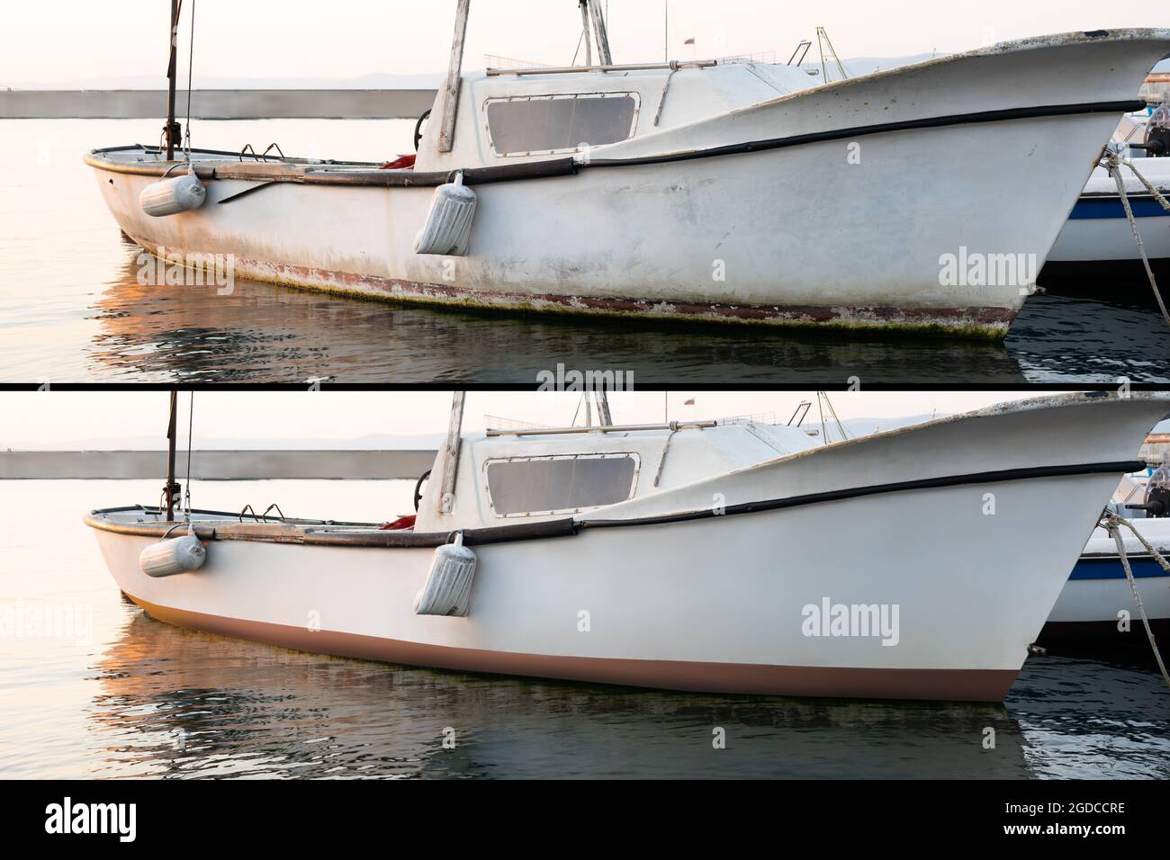 Servicios de pintura y reparación de embarcaciones y yates. Antes y después  Fotografía de stock - Alamy