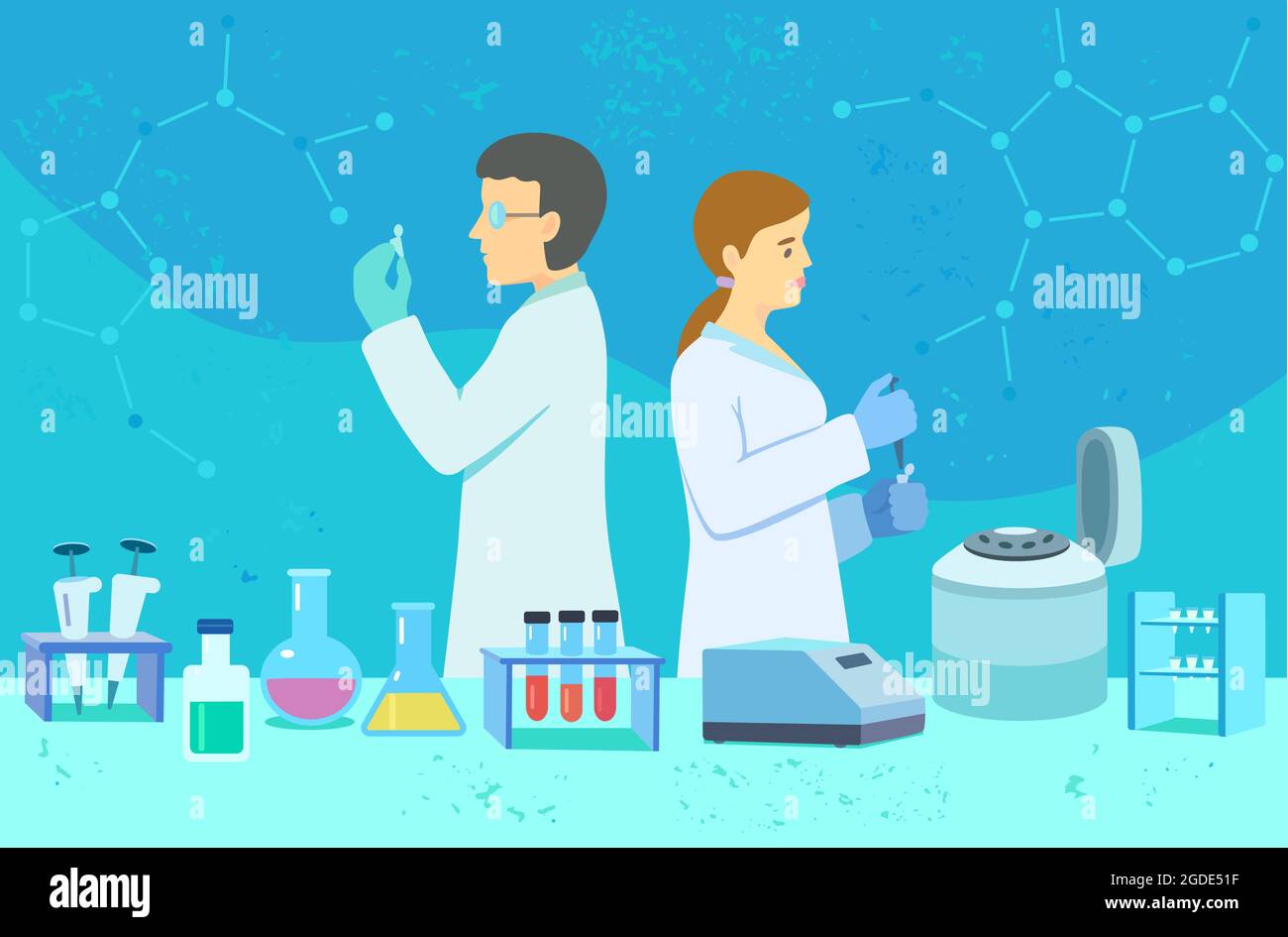 Científicos, hombre y mujer, en el laboratorio de biología molecular,  realizan investigaciones entre instrumentos y equipos de laboratorio Imagen  Vector de stock - Alamy