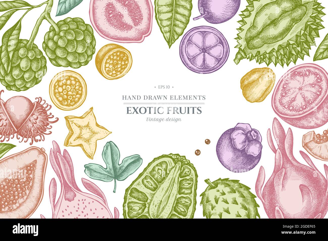 Diseño con papaya color pastel, guayaba, fruta de la pasión, starfruit