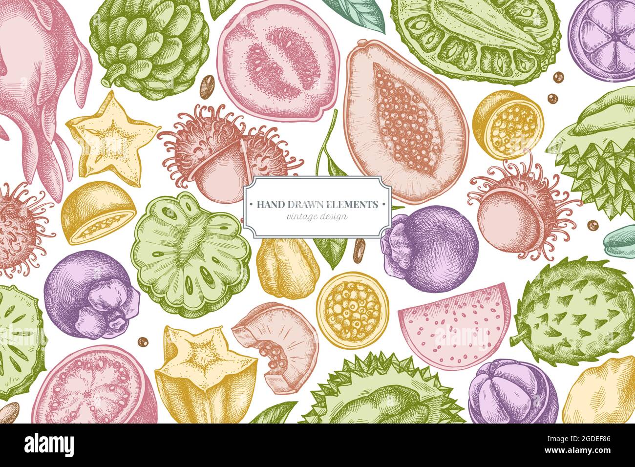 Diseño con papaya color pastel, guayaba, fruta de la pasión, starfruit