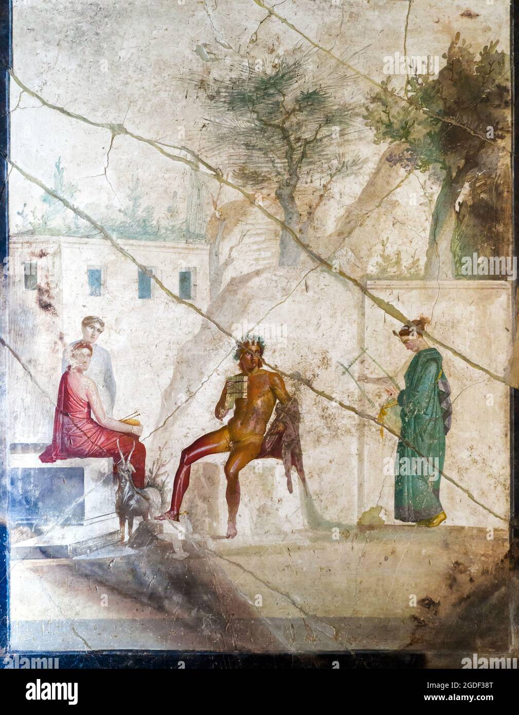 Pan y las ninfas - Pan toca la flauta doble. Está acompañado por un ninfa, que pinza su lira mientras que otros dos asisten al fresco del concierto Pompeya, Casa di Giasone (Casa de Jason) 320-25 d.C. Foto de stock