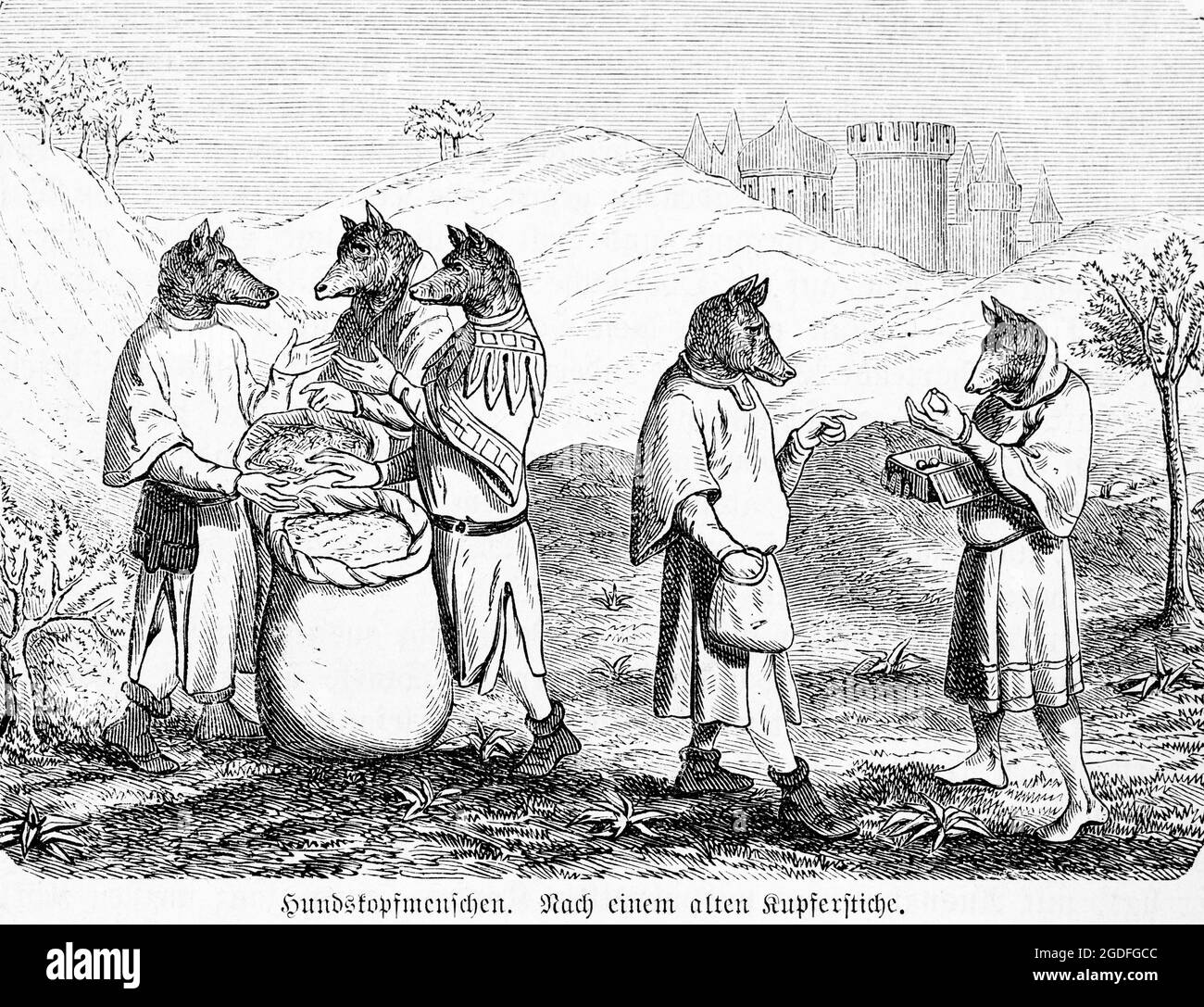 Los humanos con cabeza de perro, cínólogos, supuestamente viven en el norte de la India según un viejo mito, ilustración histórica 1881 Foto de stock