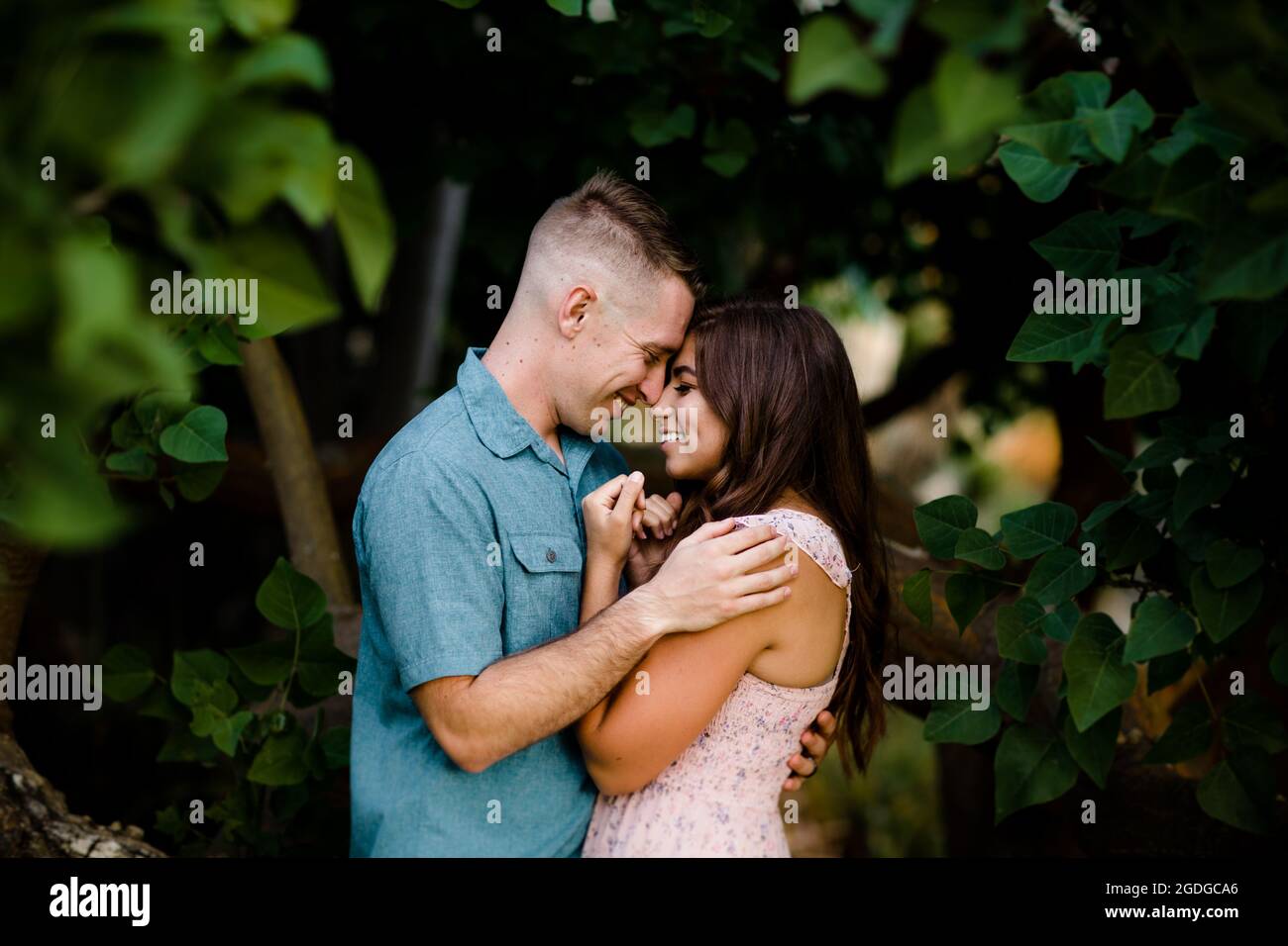 Marido y mujer posando debajo del árbol en San Diego Foto de stock