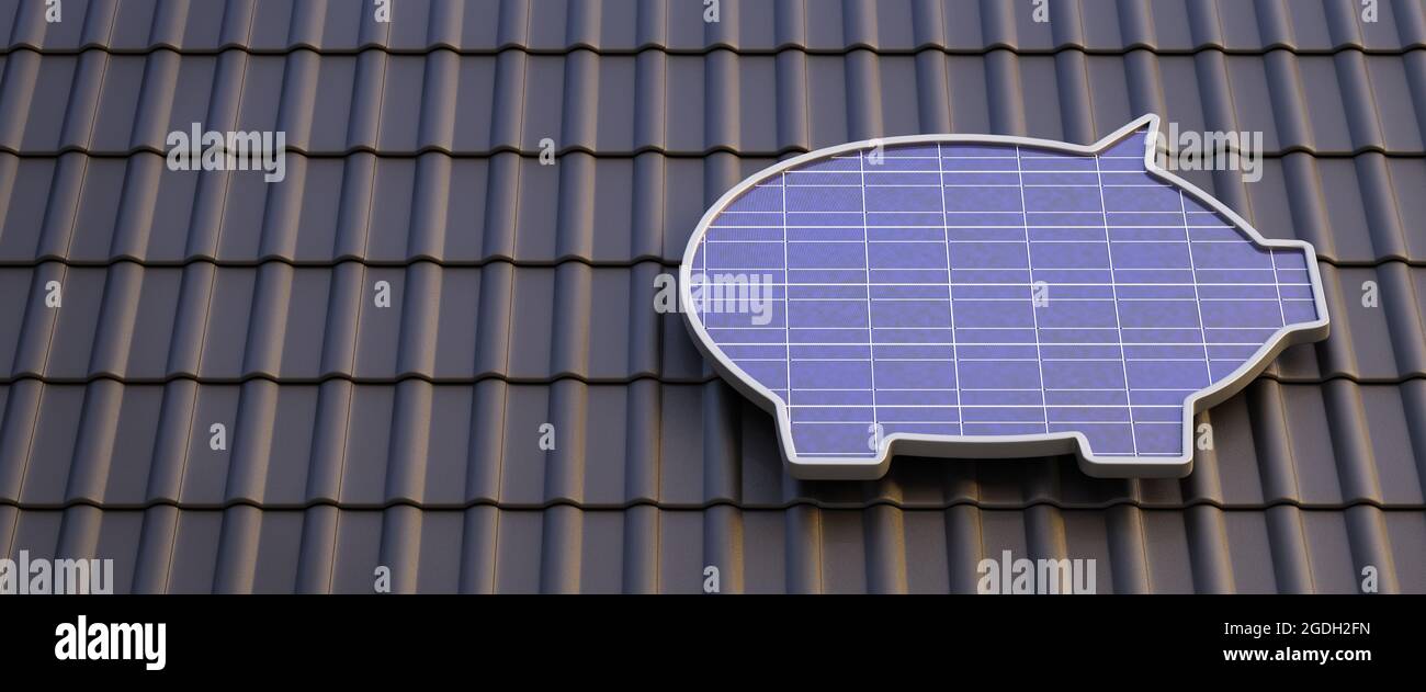 3D Render: Un panel solar en forma de un banco de piggybank en un techo. Concepto para ahorrar dinero con su propia planta de energía solar. Formato de banner web Foto de stock