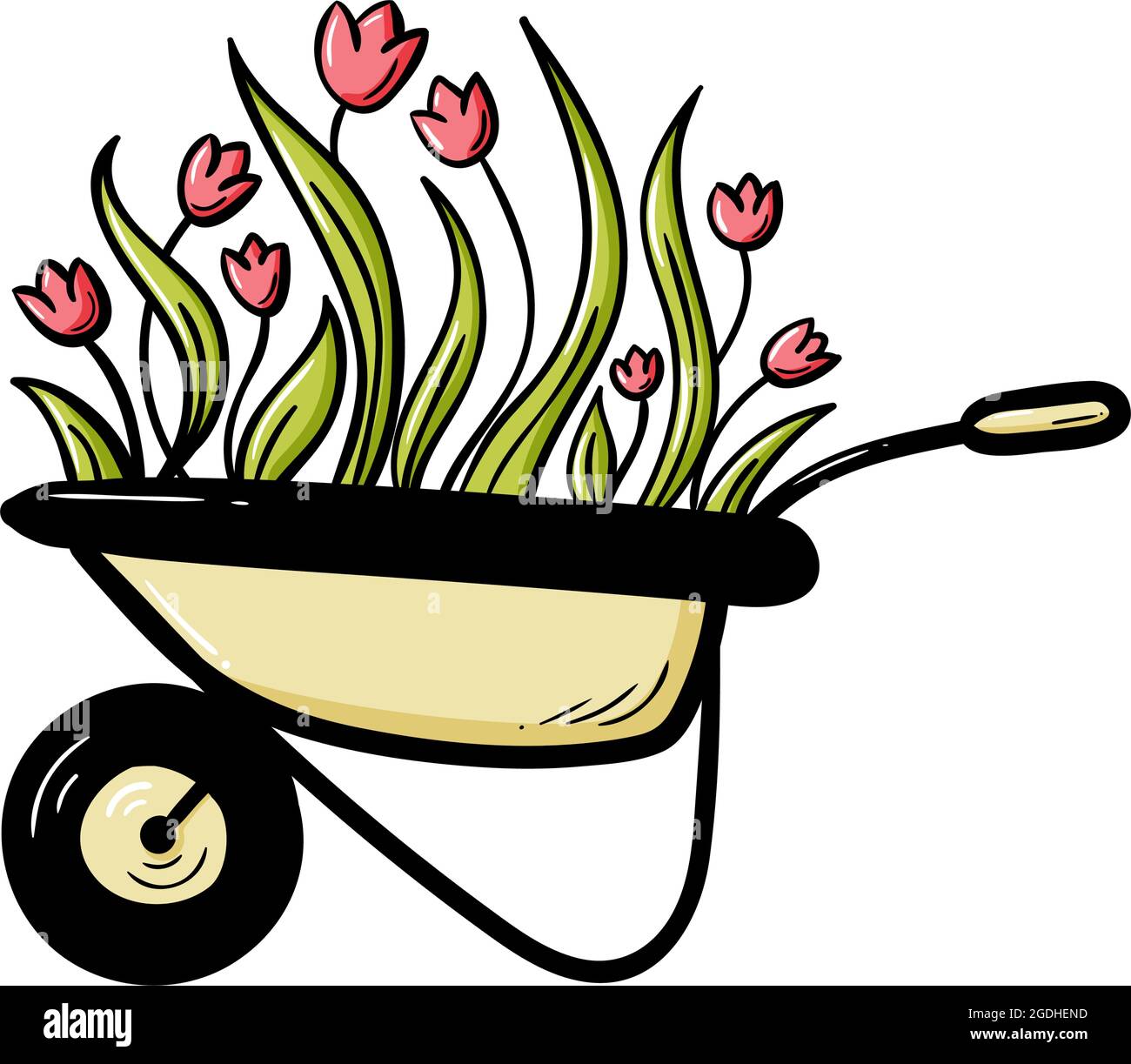 macizo de flores y equipo de jardinero carretilla carrito de jardín  regadera rastrillo de jardín en