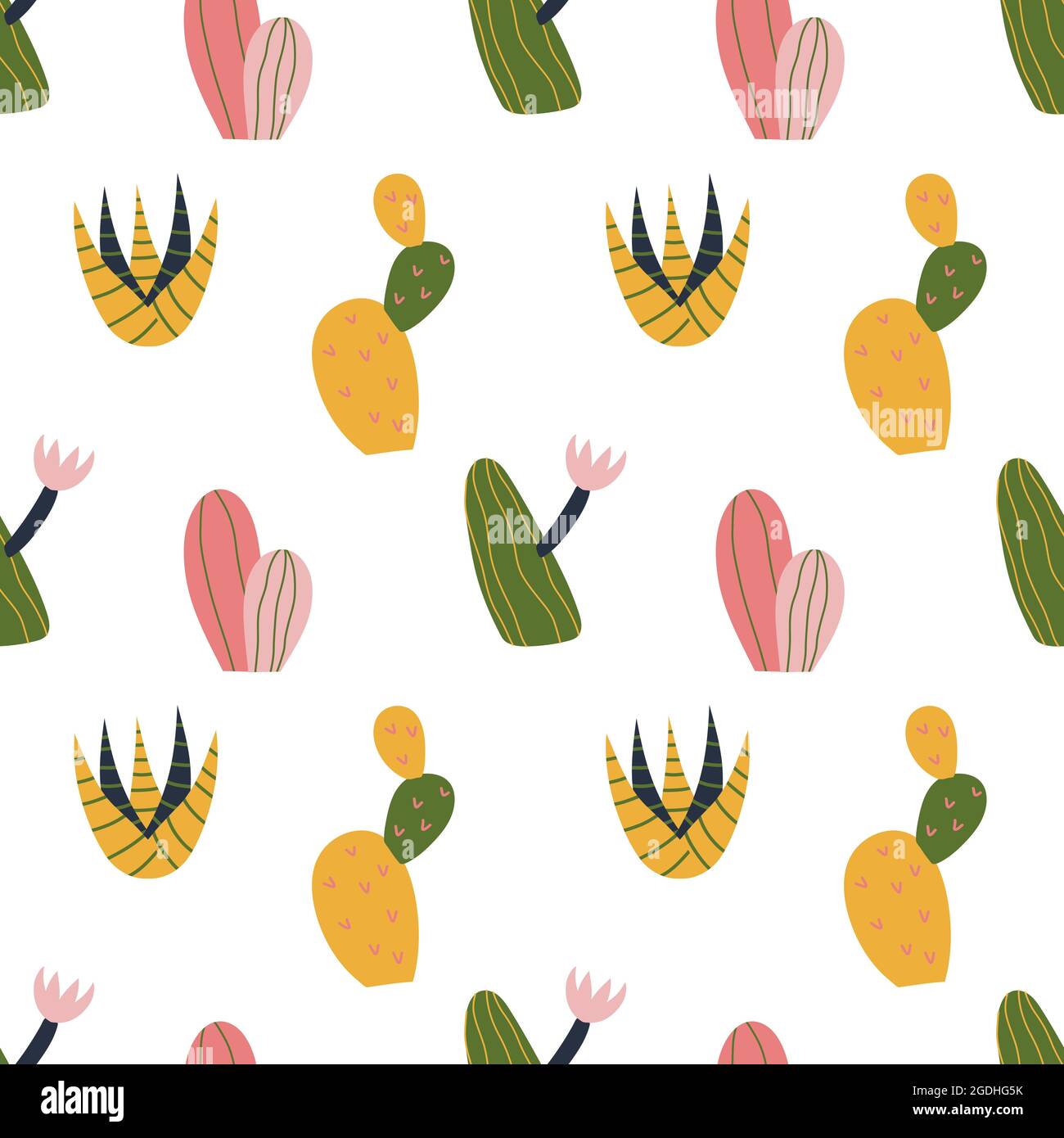Diseño de cactus sin costuras con un bonito estilo de dibujos animados.  Kawaii suculento en colores brillantes. Repetir fondo, textura de fondo de  pantalla. Estampado decorativo para el tejido. Diseño de prendas