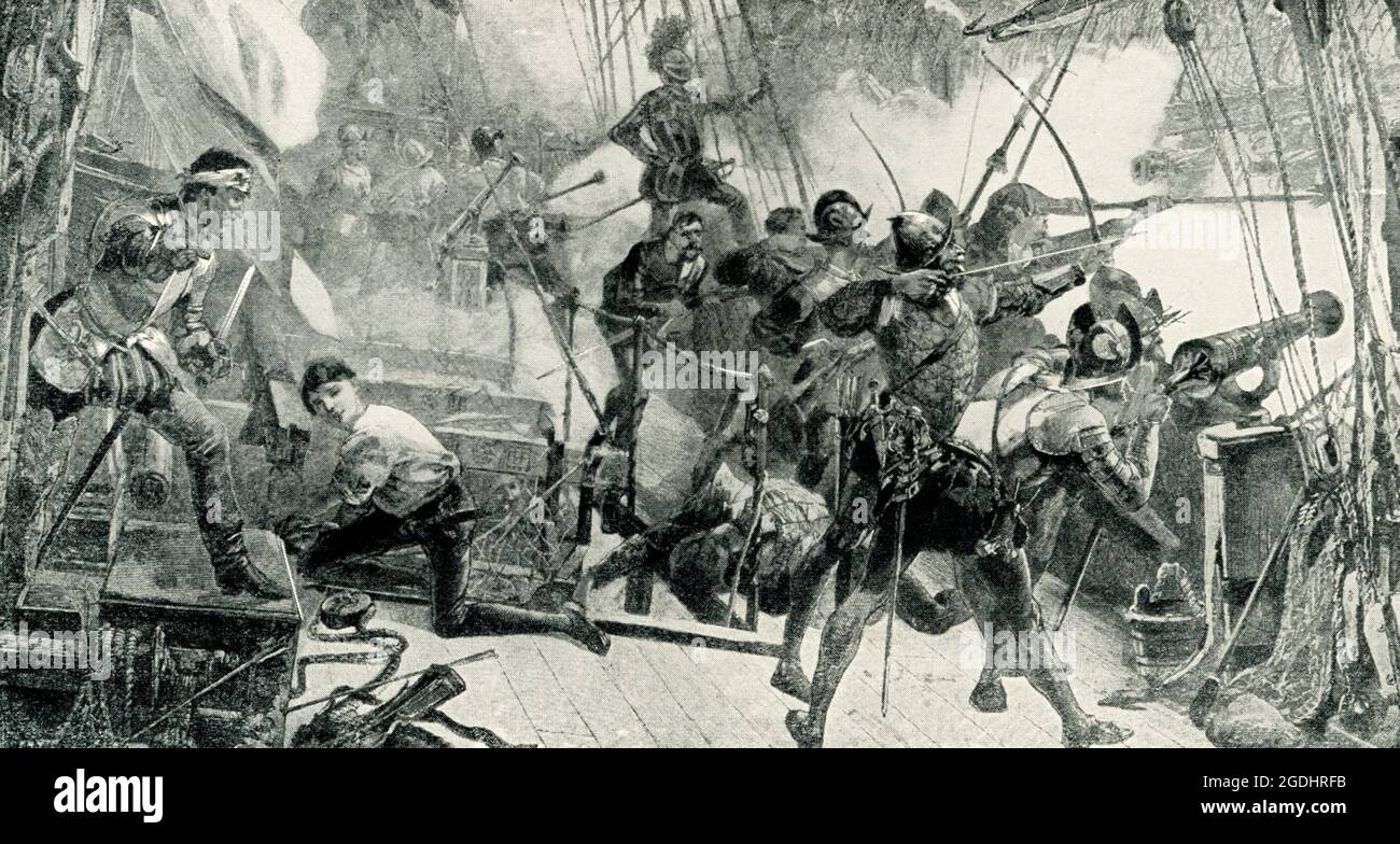 El título de 1899 dice “Commodore Perry en el Niágara rompiendo la línea británica de Battle Lake Erie pintura de septiembre de 10 1813 de J O Davidson”. En la primera derrota sin reservas de un escuadrón naval británico en la historia, el capitán de los EE.UU. Oliver Hazard Perry lleva una flota de nueve buques estadounidenses a la victoria sobre un escuadrón de seis buques de guerra británicos en la batalla del lago Erie durante la guerra de 1812.La batalla del lago Erie, A veces llamada la Batalla de Put-in-Bay, fue combatida el 10 de septiembre de 1813, en el Lago Erie frente a la costa de Ohio durante la Guerra de 1812. Nueve buques de la Marina de los Estados Unidos derrotaron y ca Foto de stock